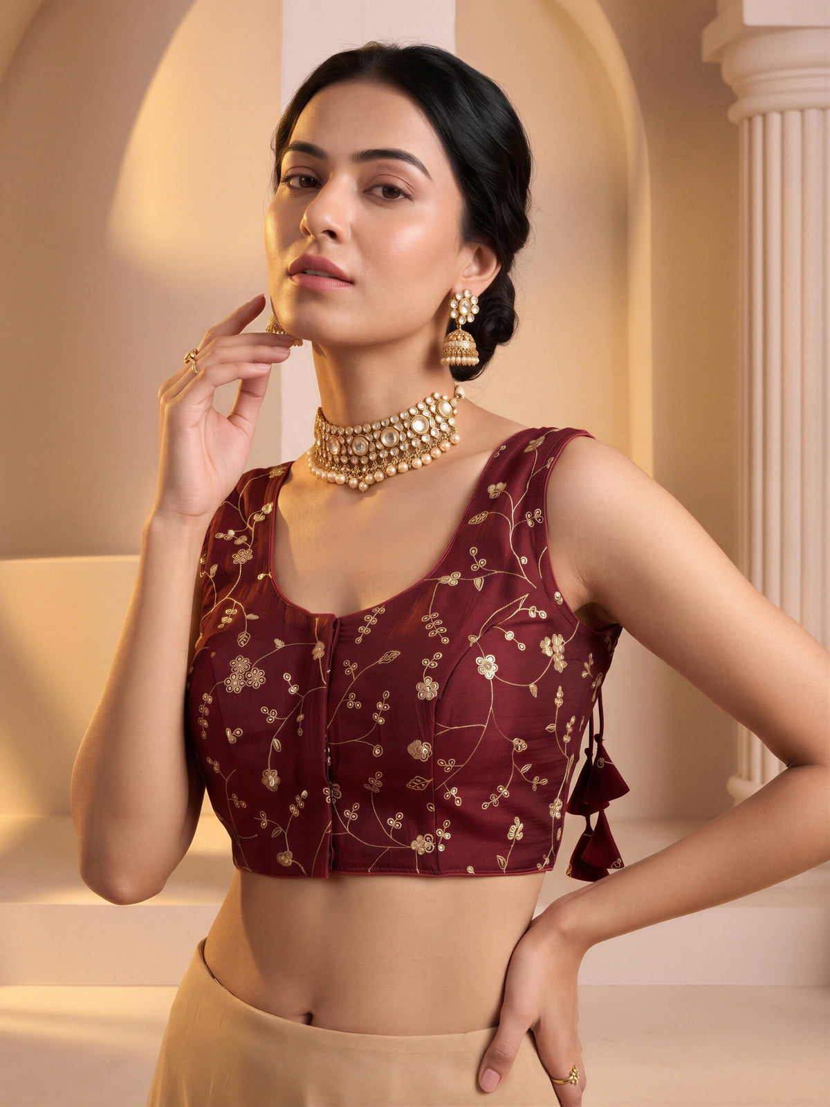 Maroon sequin embroidered vichitra silk sleeveless readymade saree blouse with round neck view 3