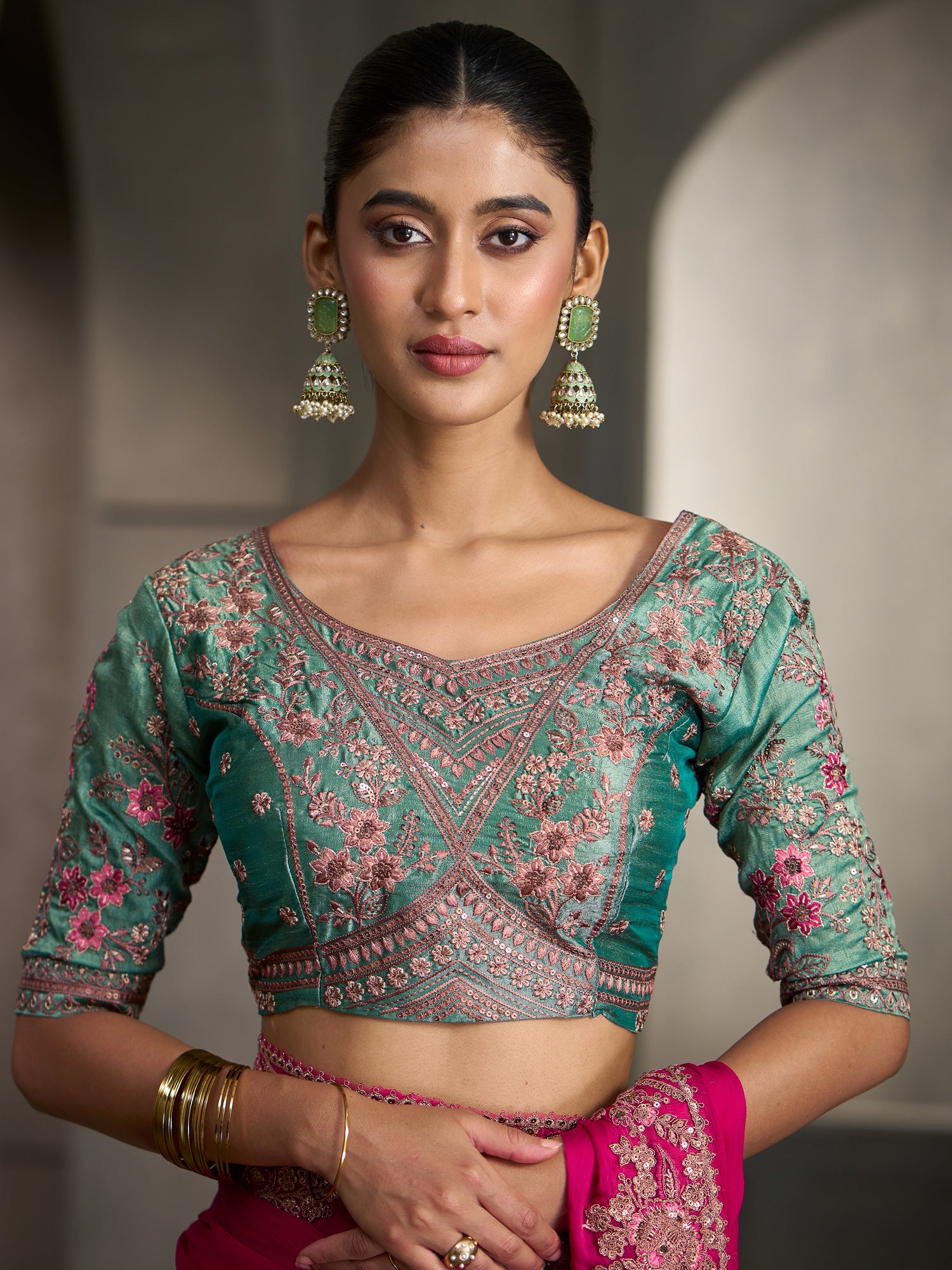 Unstitched light blue tissue blouse piece with embellished design