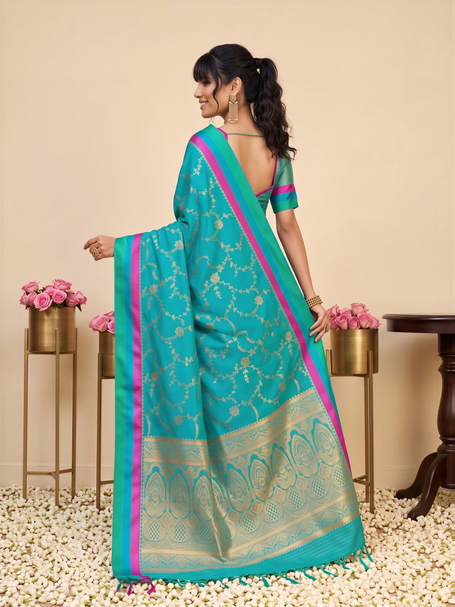 Teal Blue Pure Silk saree – detail view 1