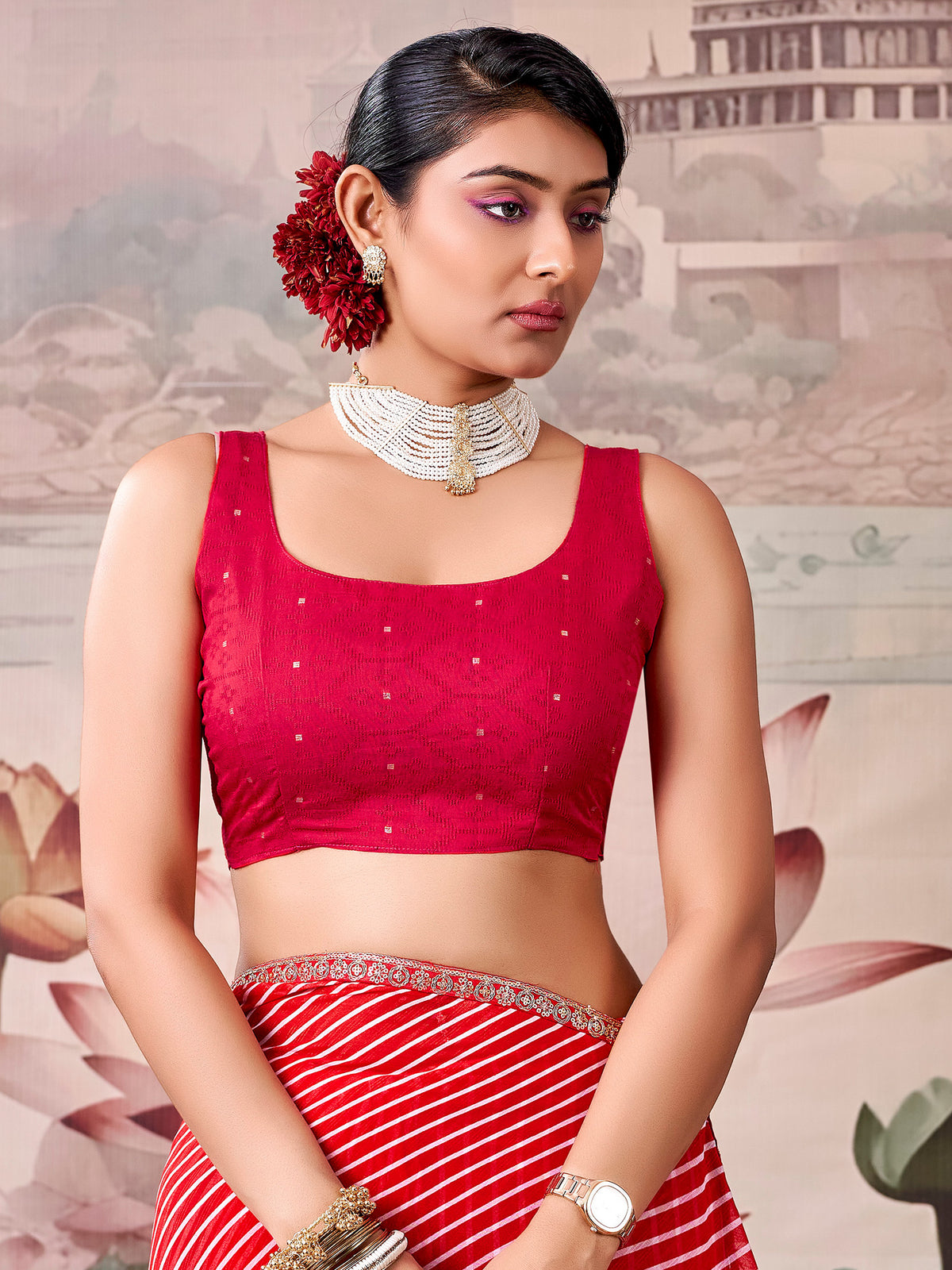 Unstitched red georgette blouse piece with zari butta design