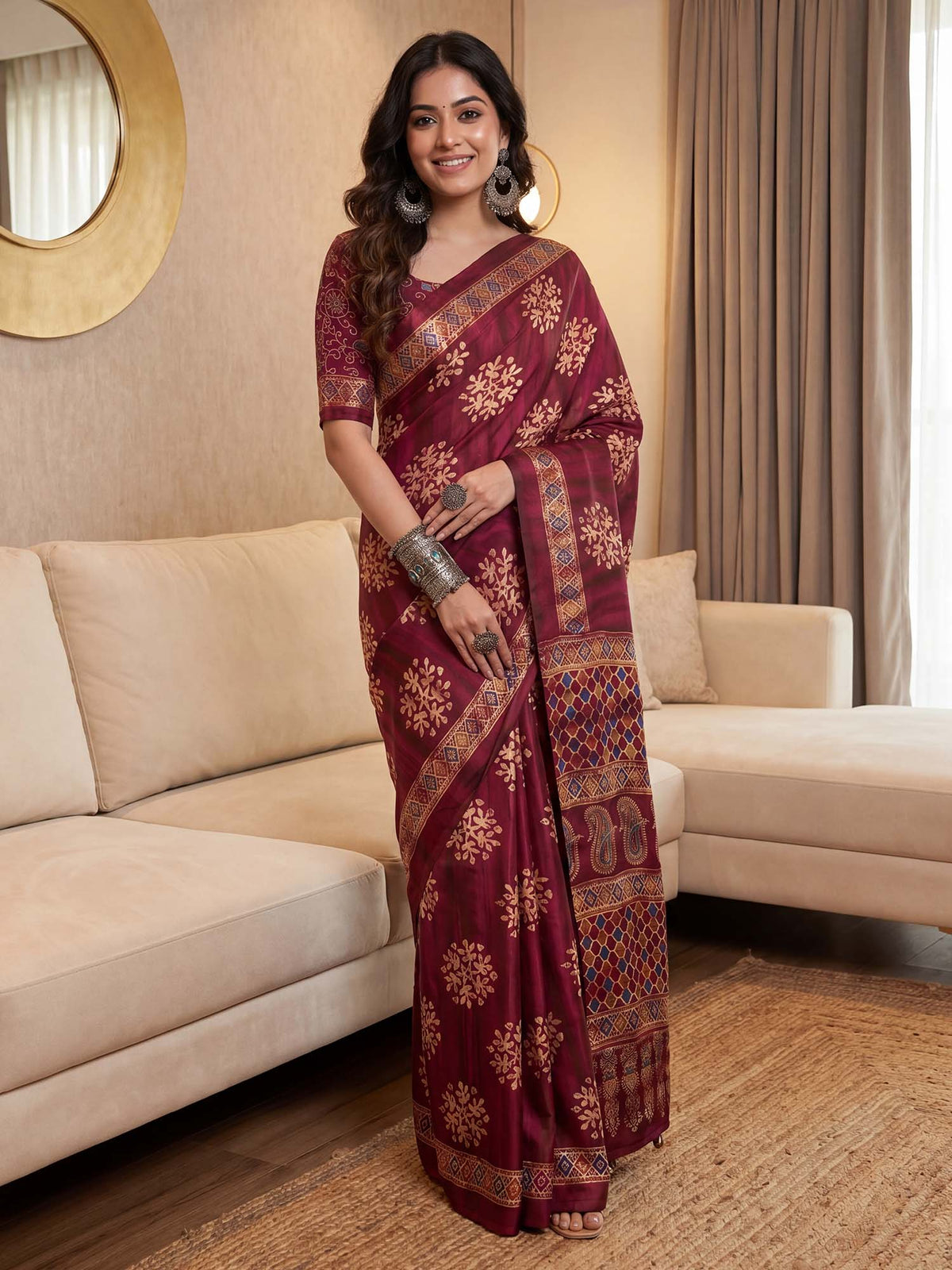 Burgundy Pure Crepe saree – detail view 3