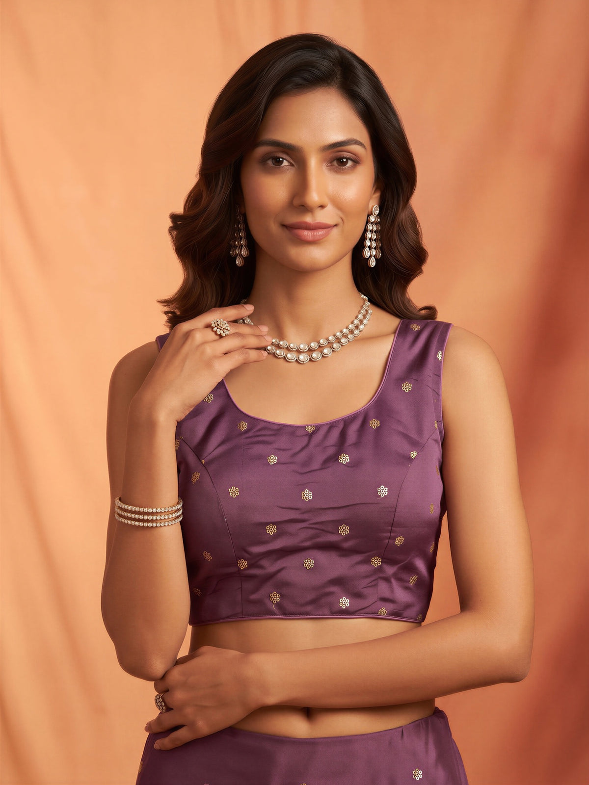 Purple sequin embellished chinnon sleeveless readymade saree blouse with round neck view 3