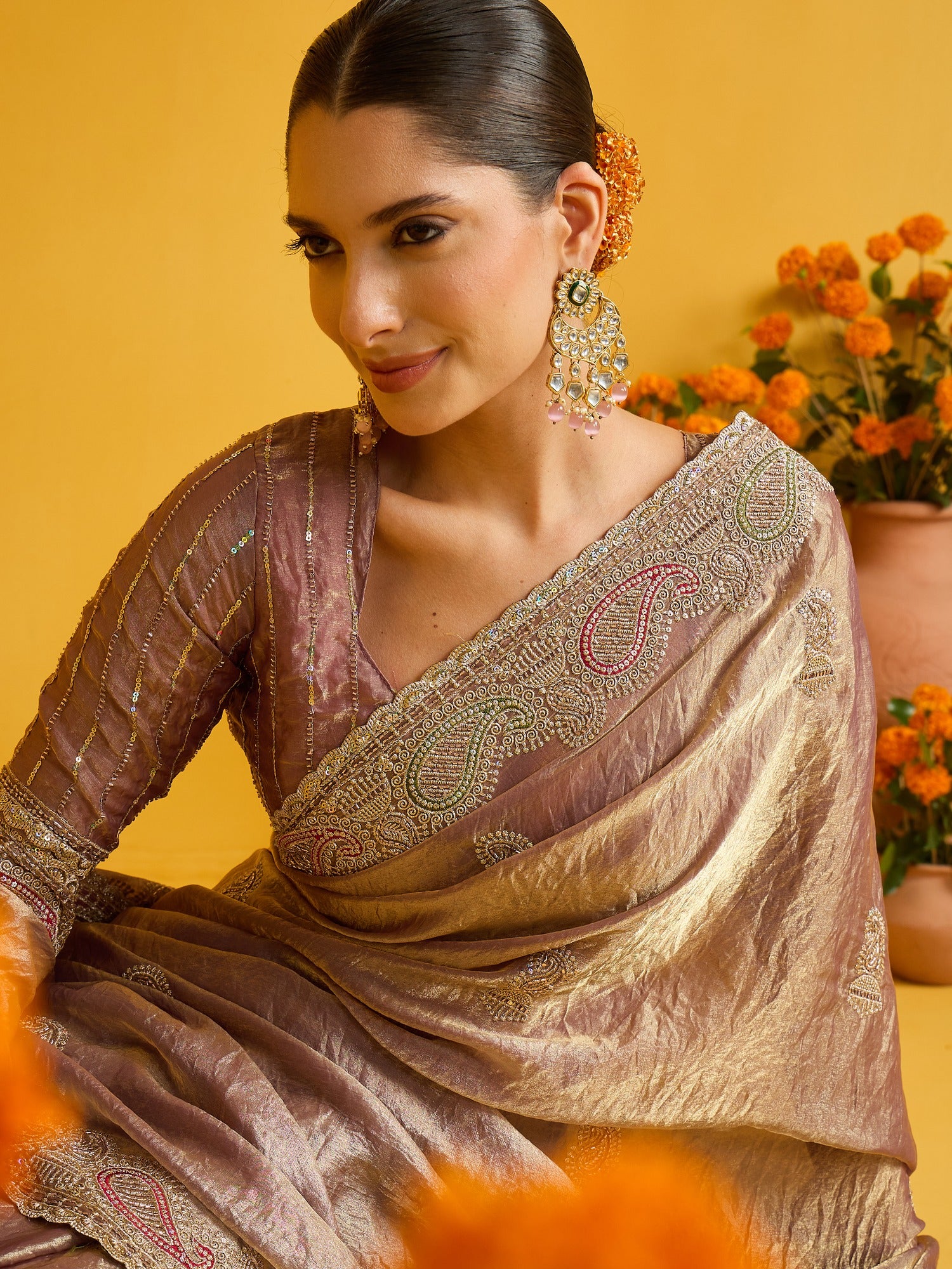 Rose Gold Satin Silk saree – detail view 3