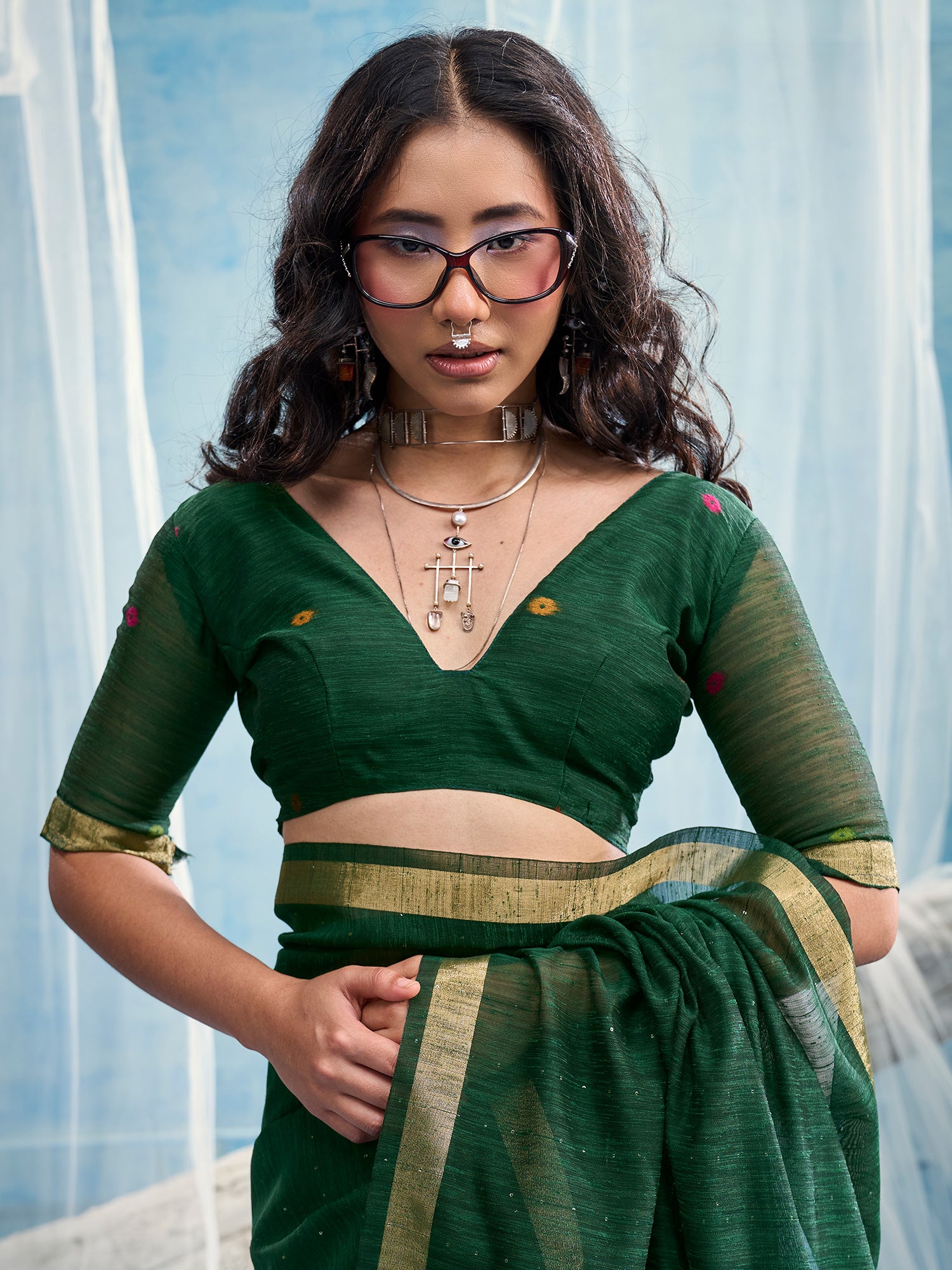 Unstitched green muga silk blouse piece with woven design design