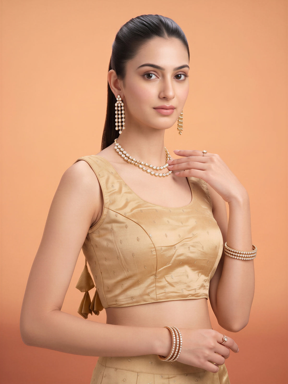 Cream sequin embellished silk blend sleeveless readymade saree blouse with round neck view 3