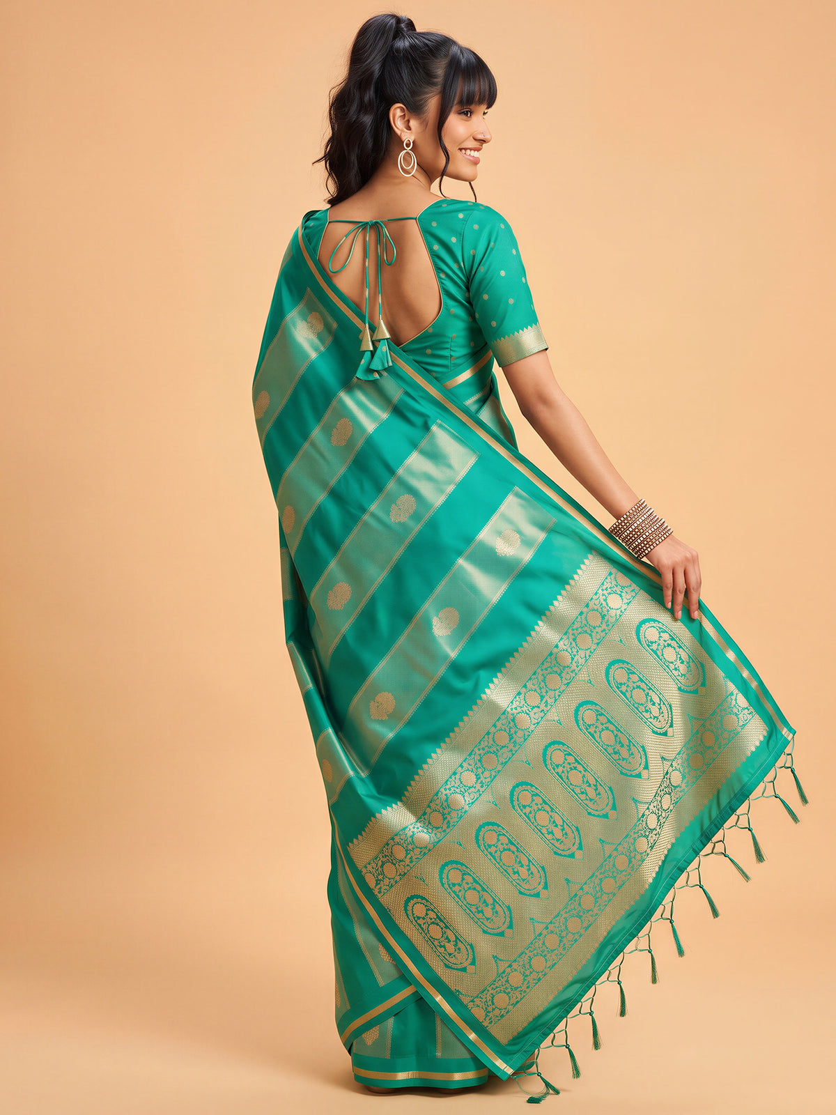 Teal Green Satin saree – detail view 1