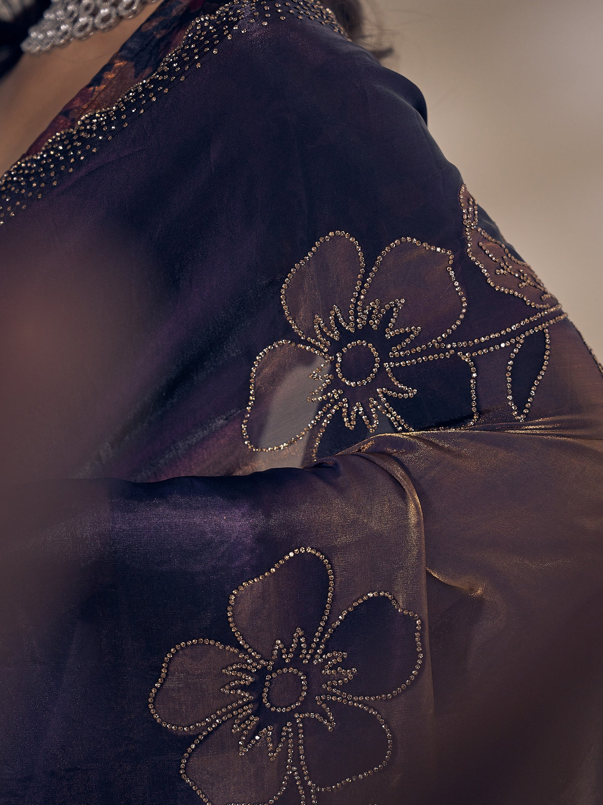 Purple satin silk saree view 5