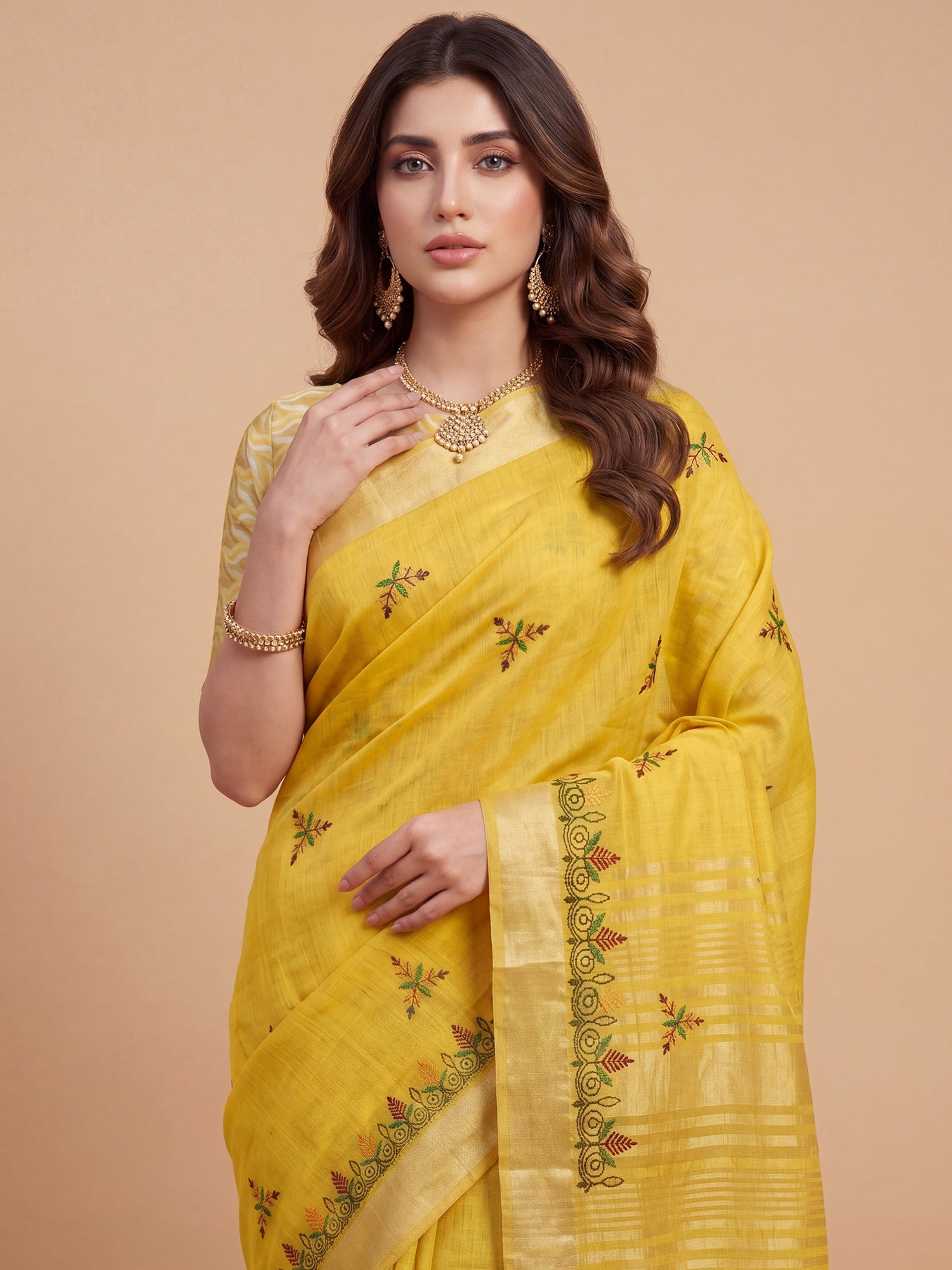 Yellow Cotton Linen saree – detail view 4
