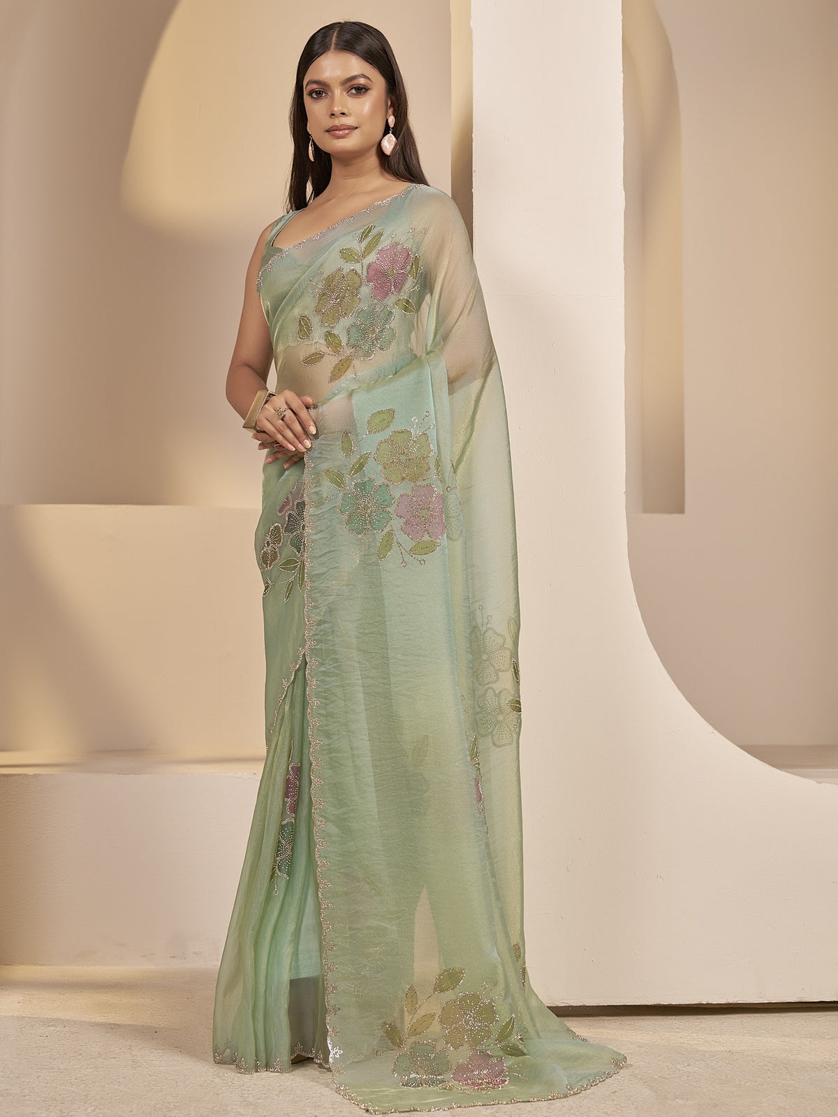 Sea Green embellished organza saree with sea green blouse piece
