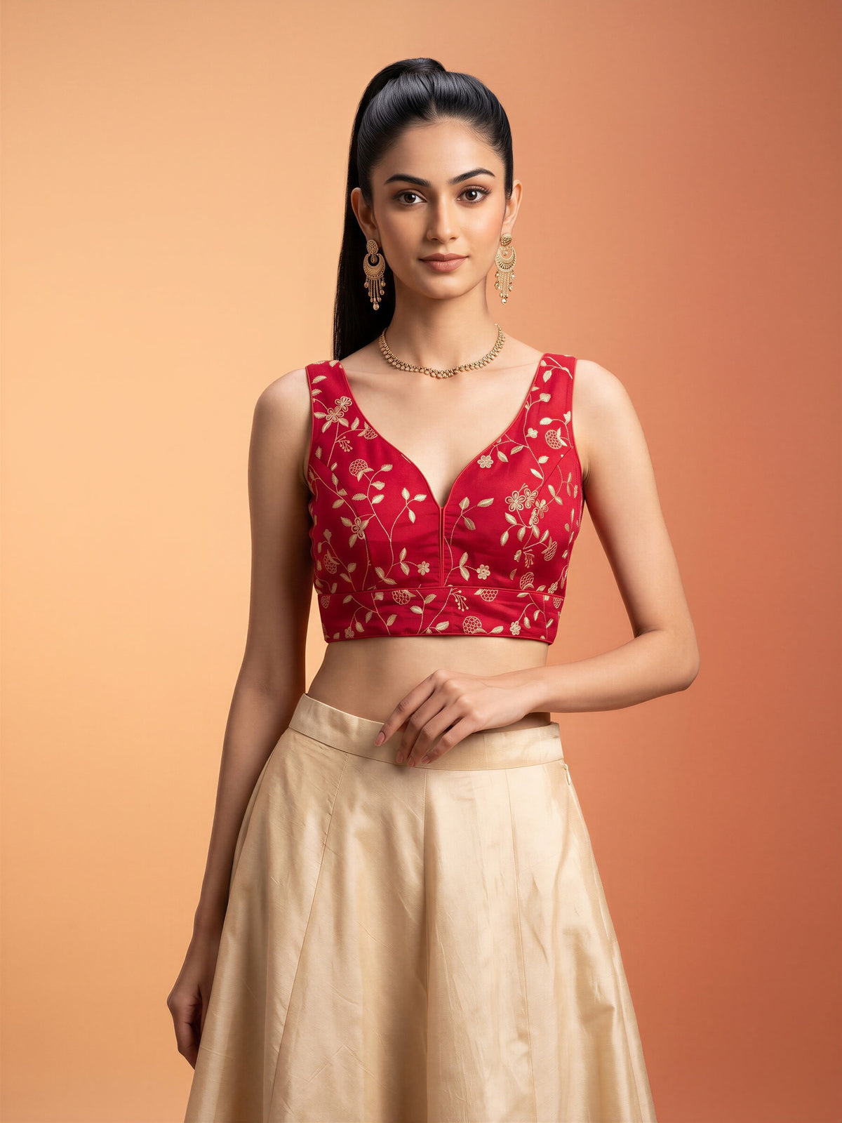 Red sequin embellished silk blend sleeveless readymade saree blouse with v neck
