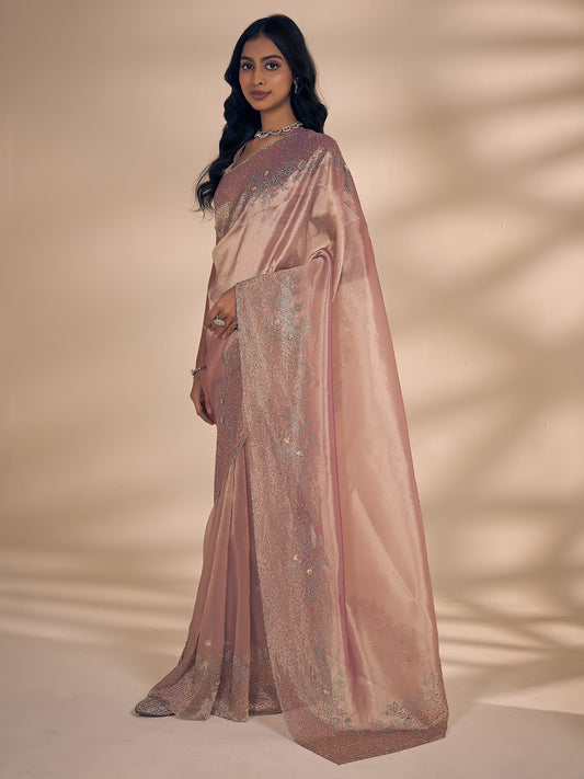 Pink organza saree view 1