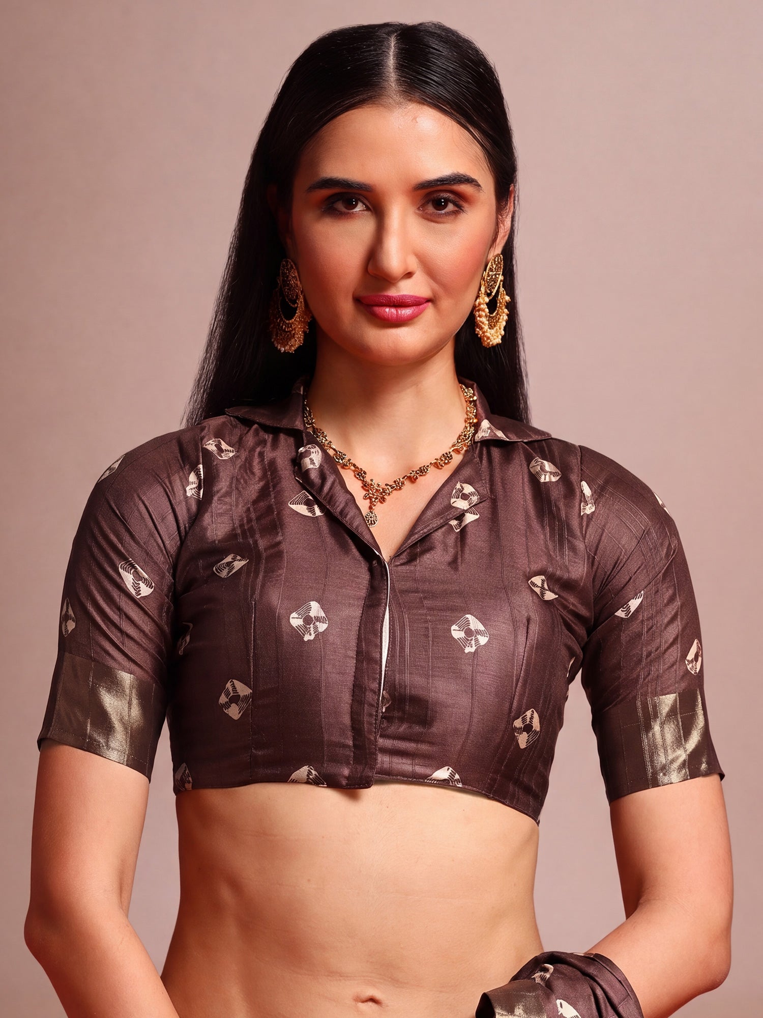 Unstitched dark brown silk blend blouse piece with ethnic motif design
