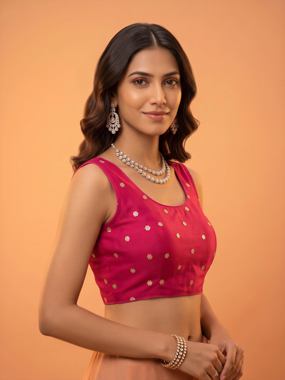 Pink sequin embellished chinnon sleeveless readymade saree blouse with round neck view 2