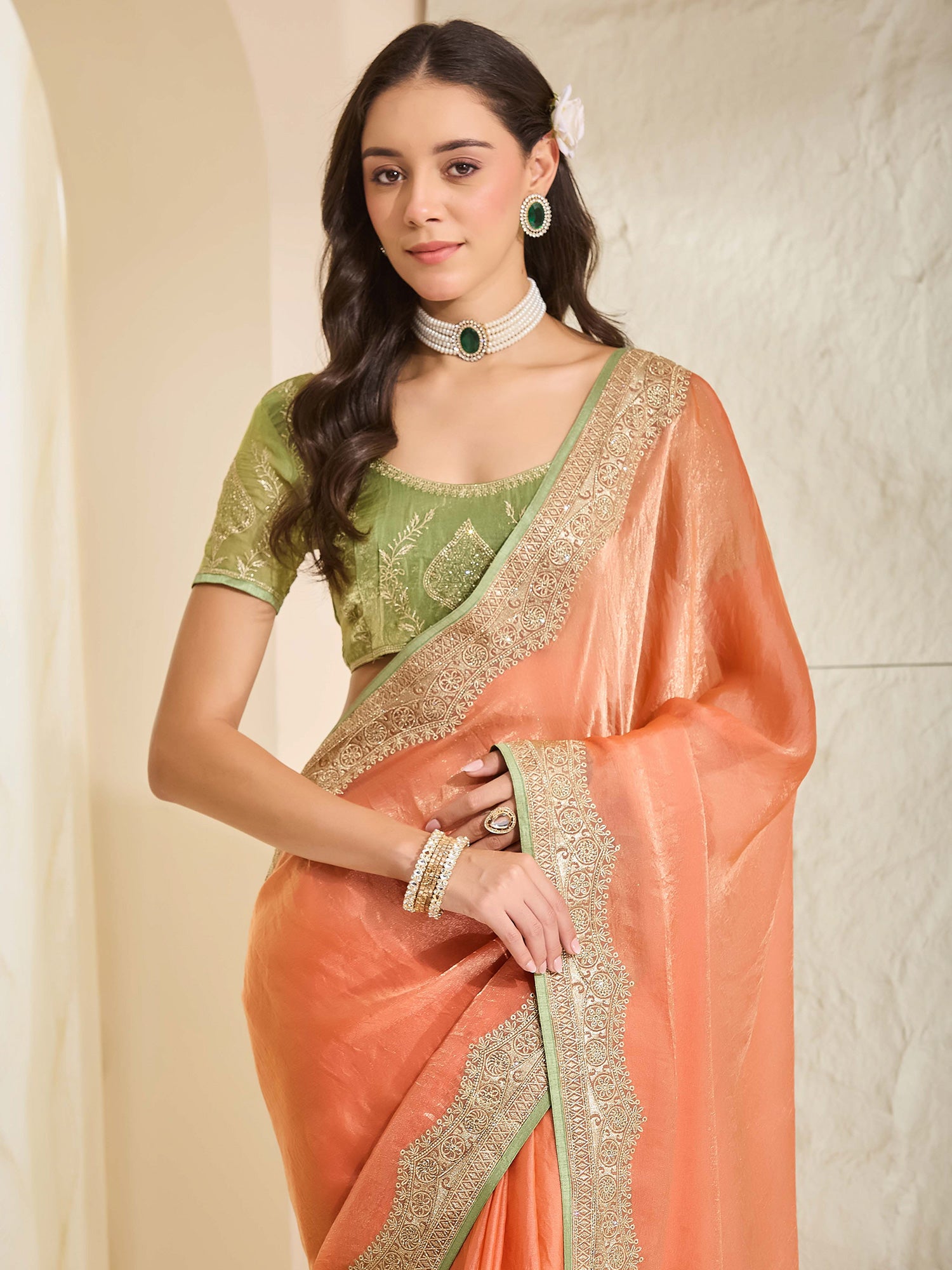 Orange Satin saree – detail view 4