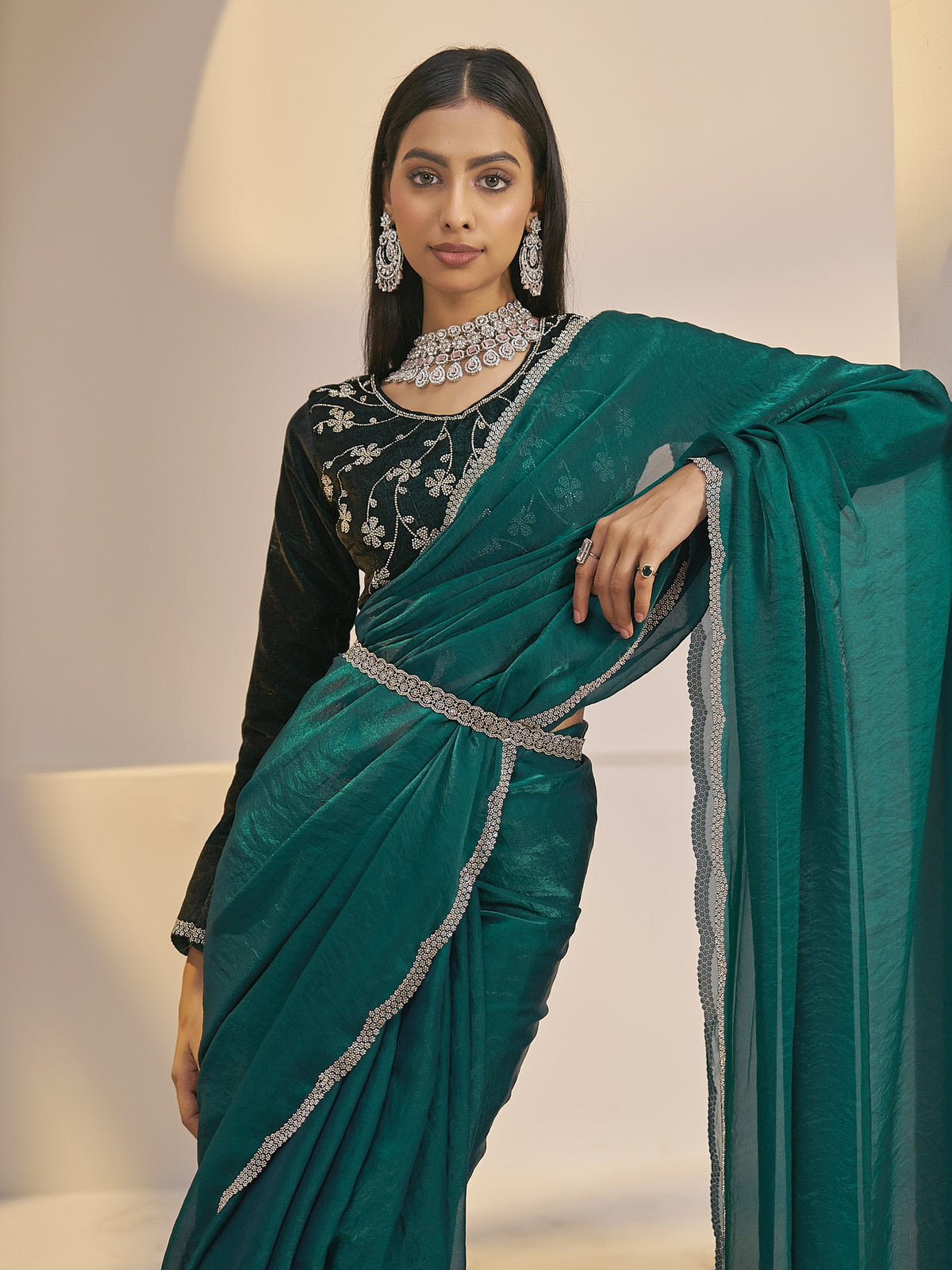 Teal Green satin silk saree view 3