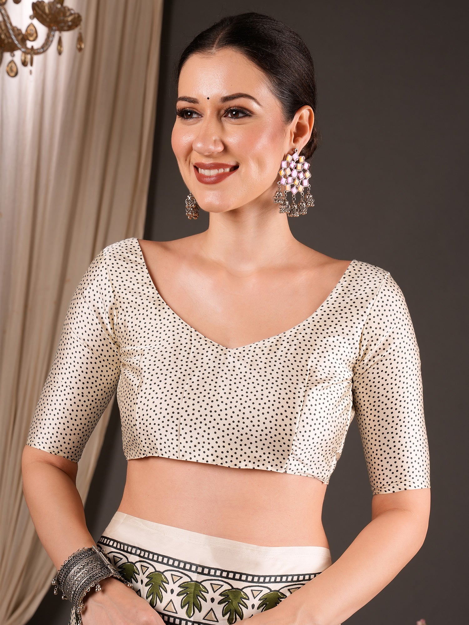 Unstitched off white satin blouse piece with ajrak design