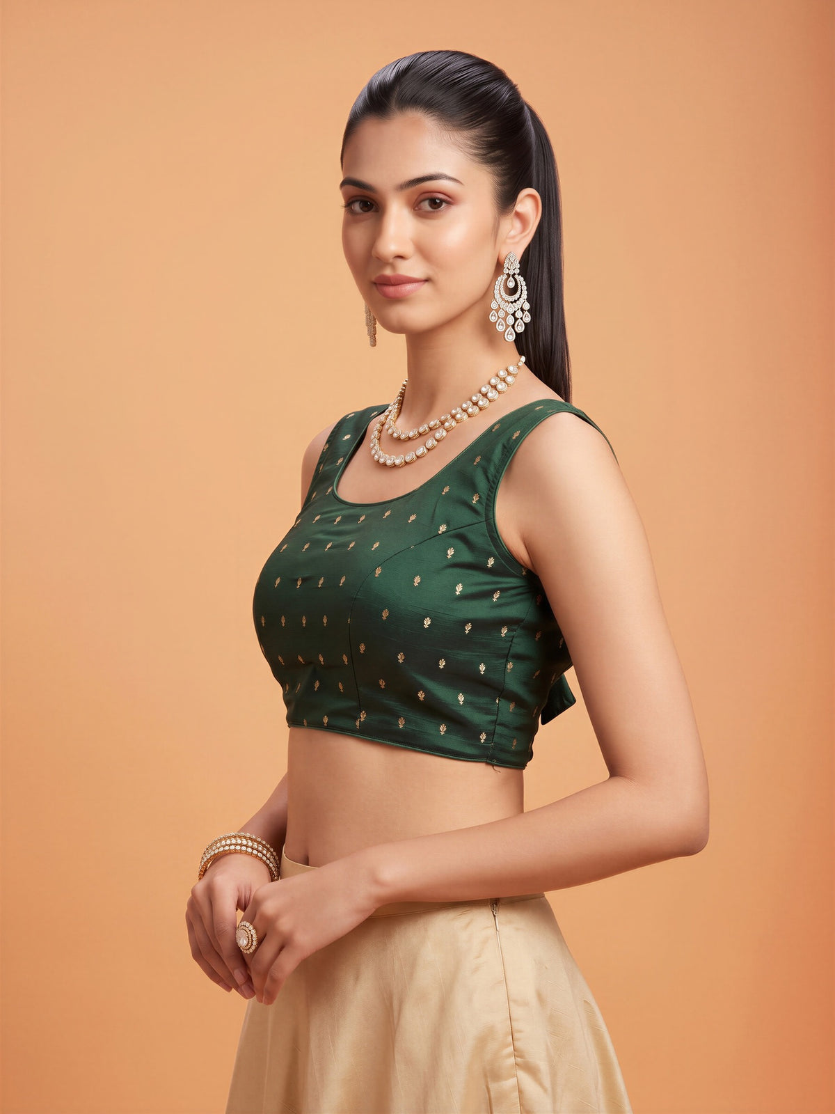 Dark Green sequin embellished silk blend sleeveless readymade saree blouse with round neck view 2