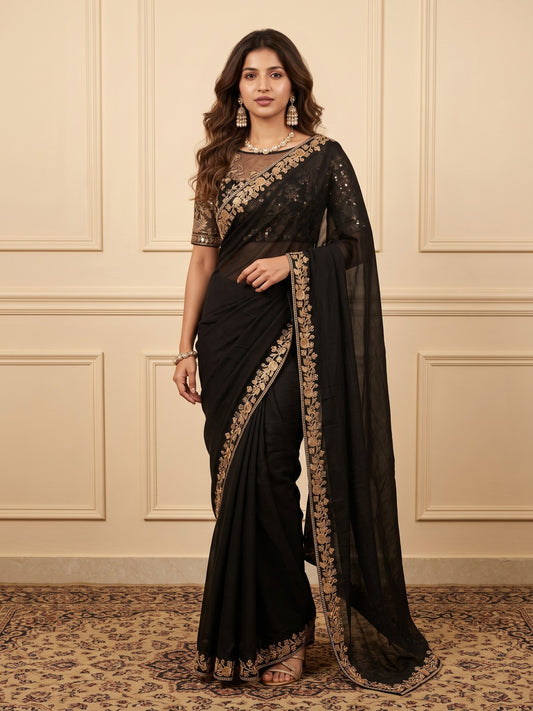 Woman wearing black vichitra silk saree with ornamented surface design and black blouse
