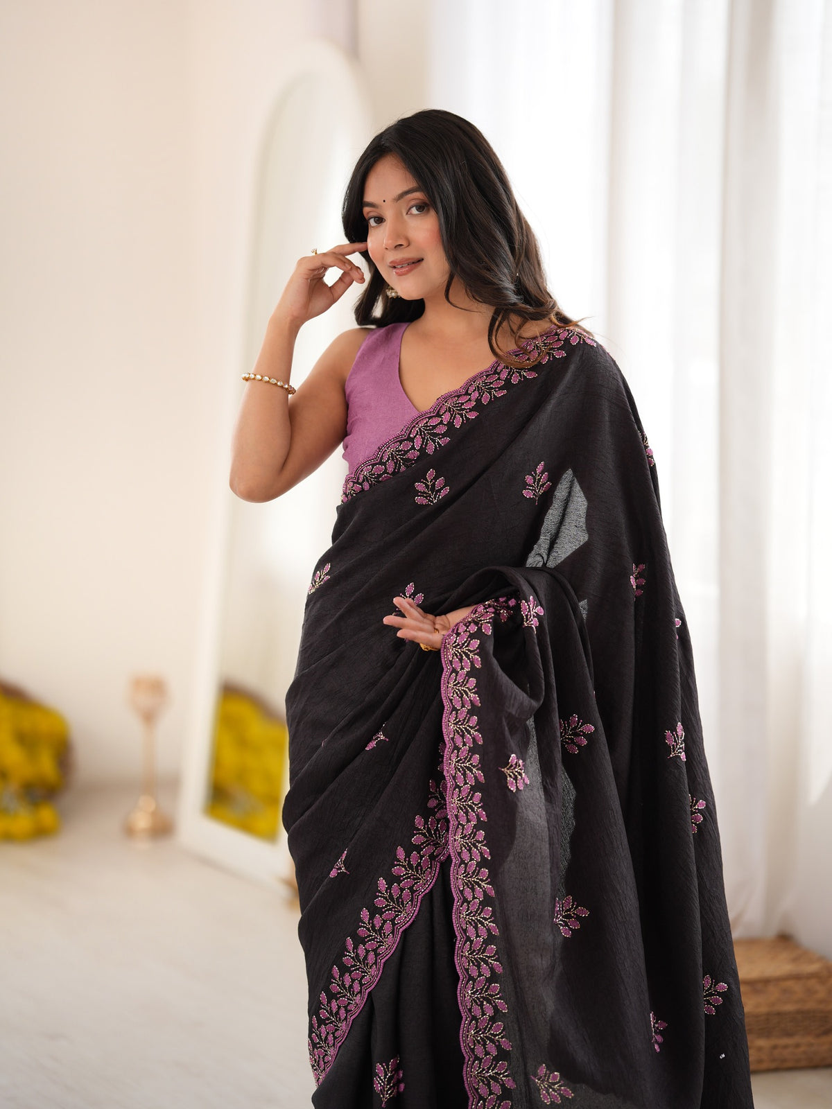 Black Poly Georgette saree – detail view 3