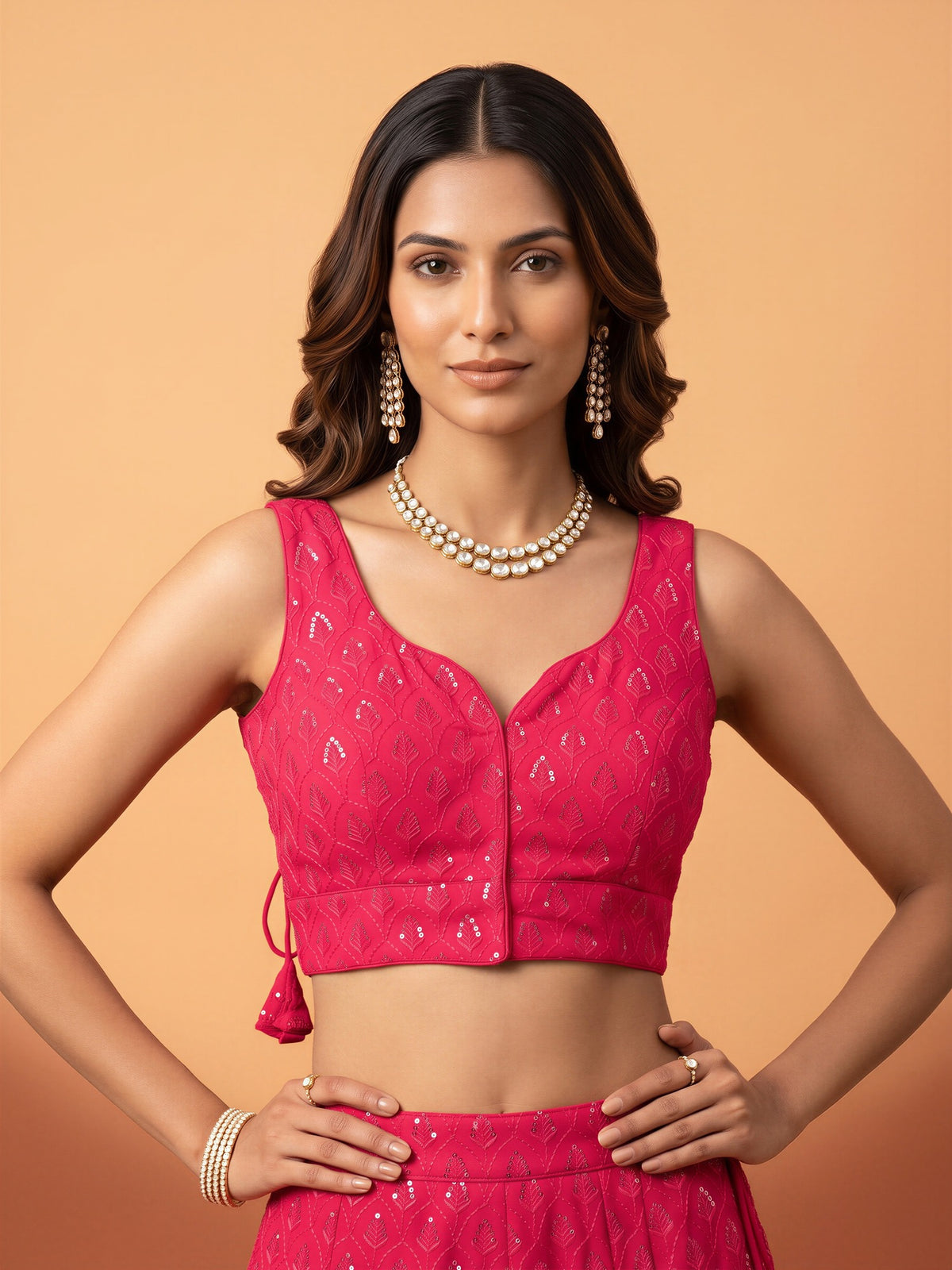 Pink sequin embroidered georgette sleeveless readymade saree blouse with sweetheart neck