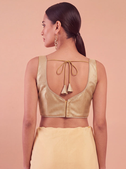 Gold woven metallic jacquard sleeveless readymade saree blouse with sweetheart neck view 1