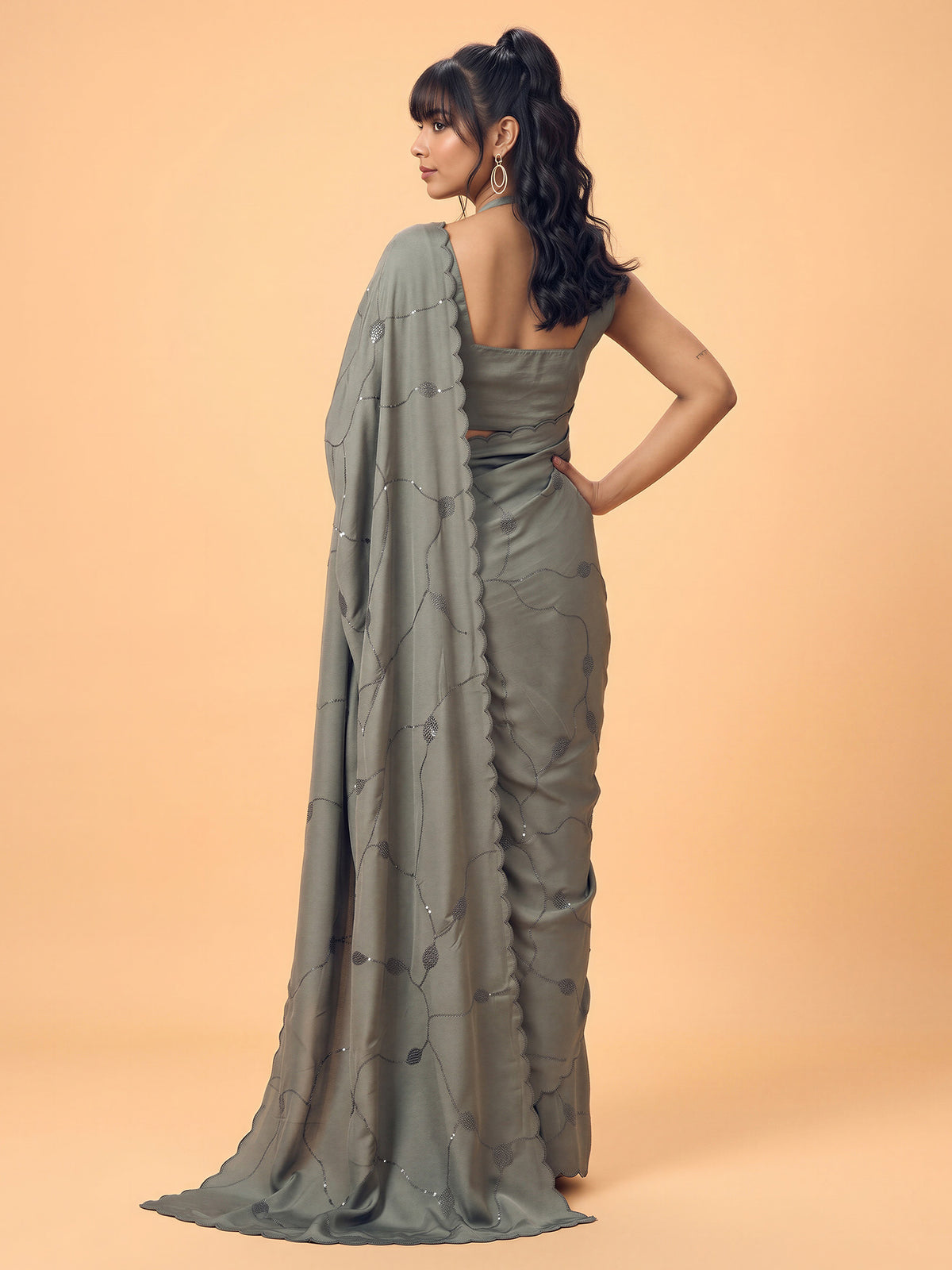 Olive Satin Silk saree – detail view 1