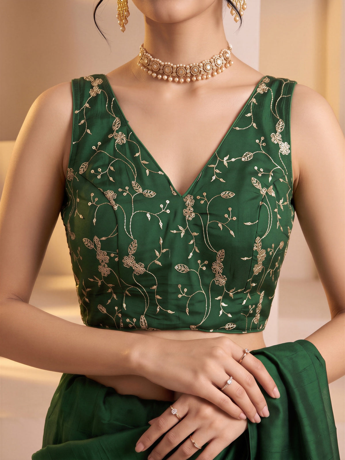 Green sequin embroidered vichitra silk sleeveless readymade saree blouse with v neck view 4