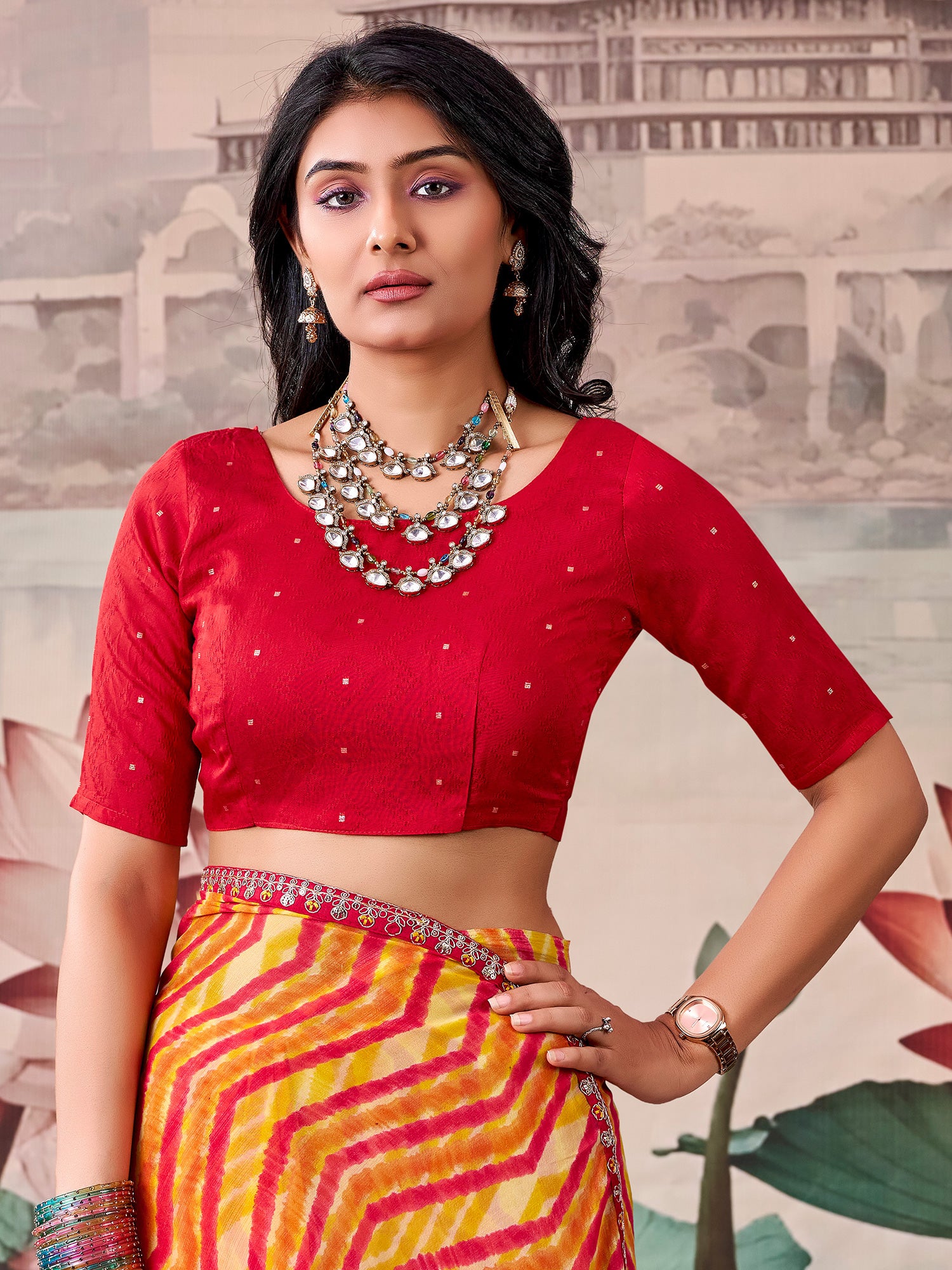 Unstitched red georgette blouse piece with zari butta design