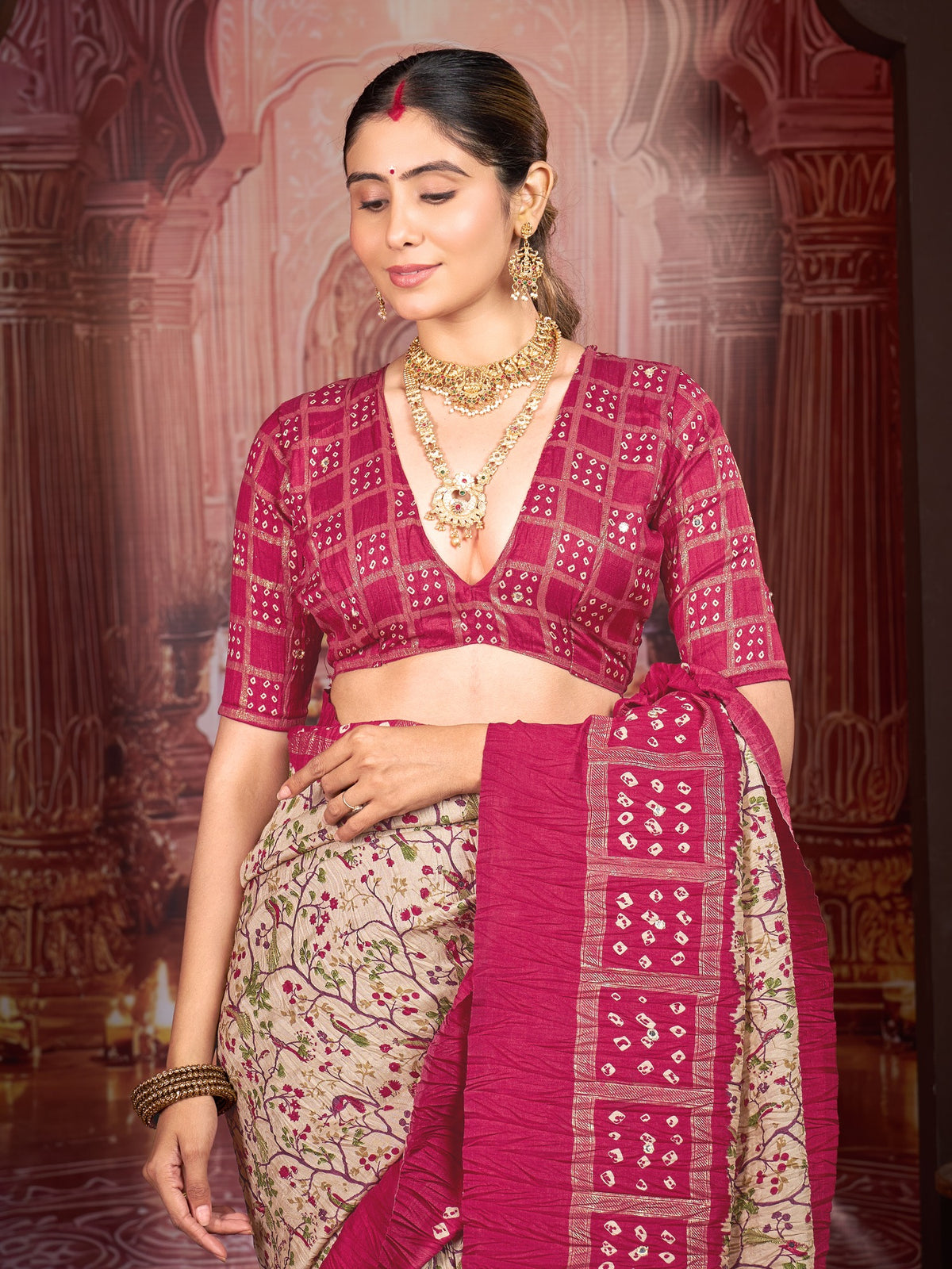 Cream tussar silk saree view 1