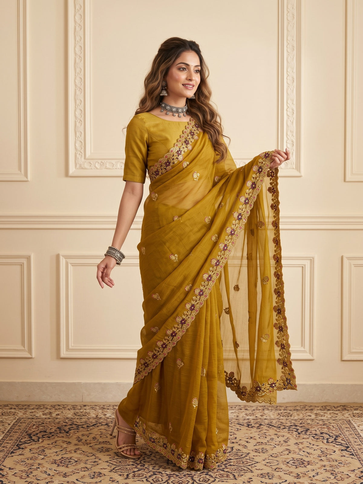 Mustard Tissue saree – detail view 3