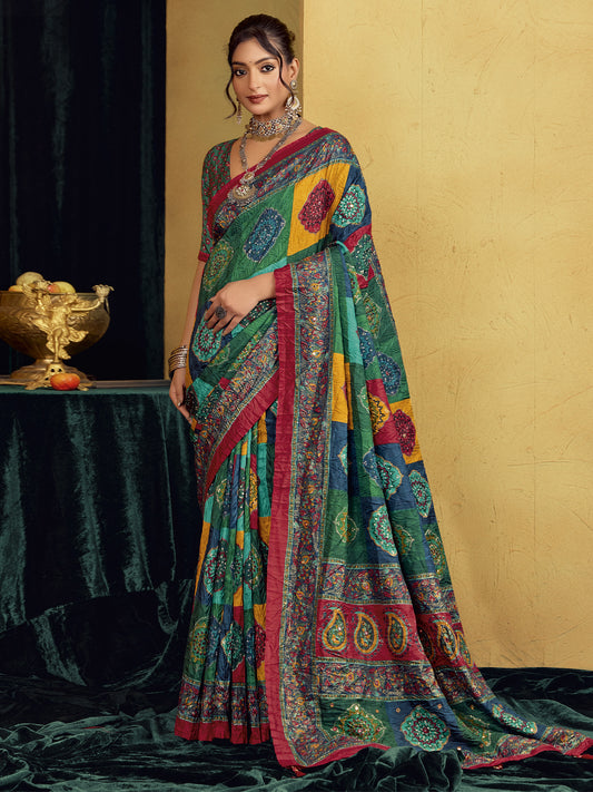 Teal Green floral tussar silk saree with teal green blouse piece