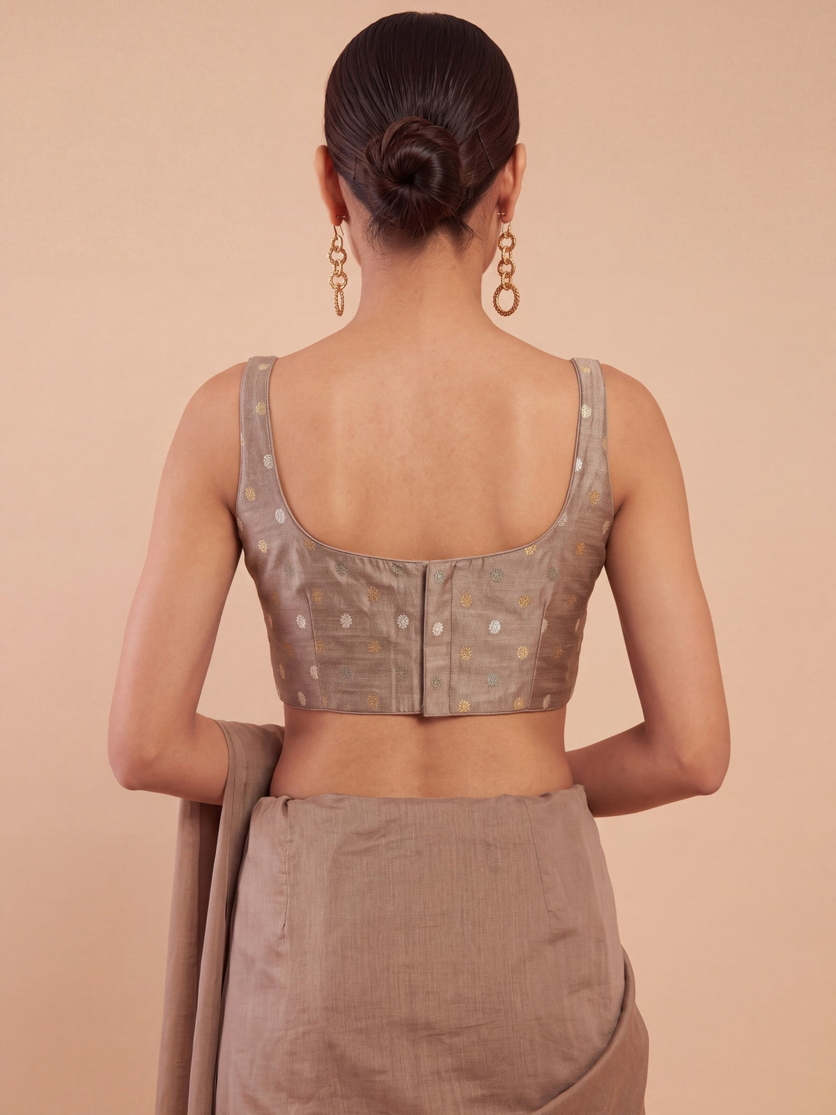 Beige zari woven georgette sleeveless readymade saree blouse with round neck view 4