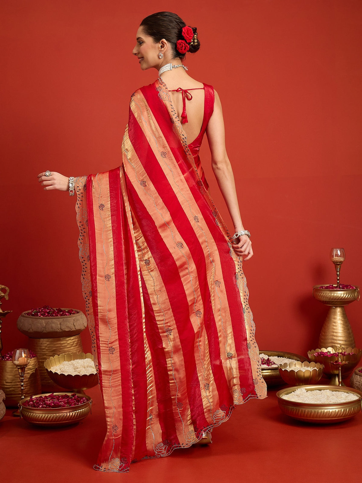 Red Satin Silk saree – detail view 6