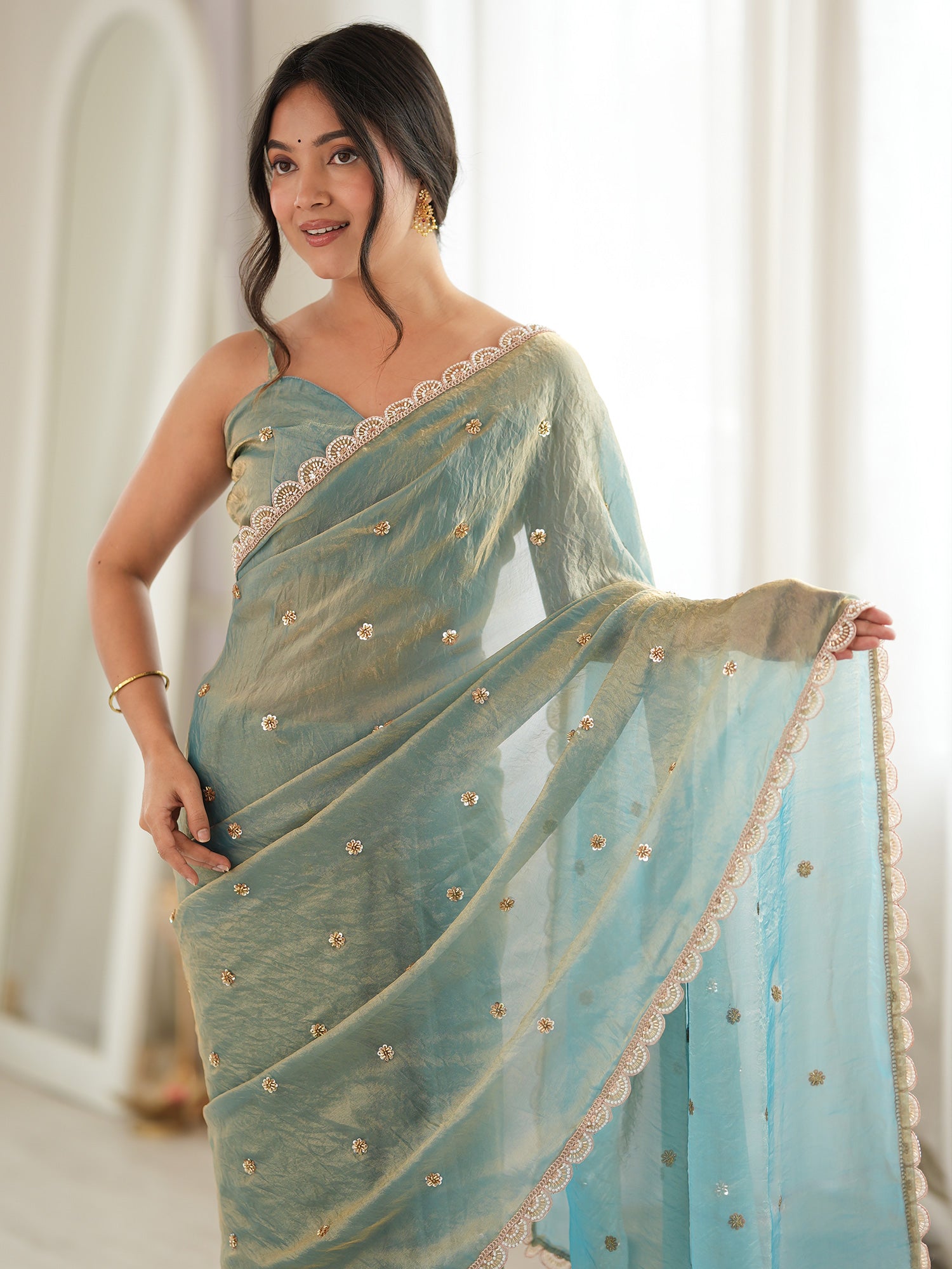 Light Blue Satin saree – detail view 4