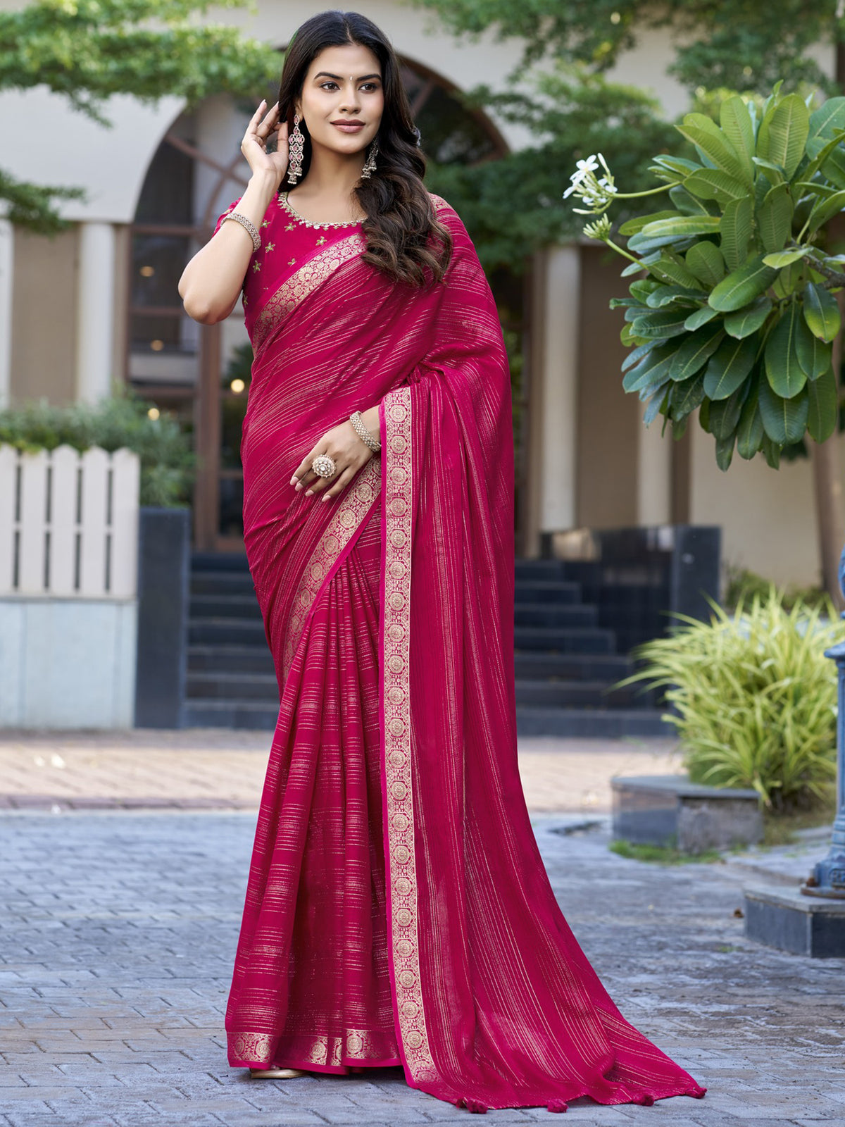 Pink striped jacquard saree with pink blouse piece