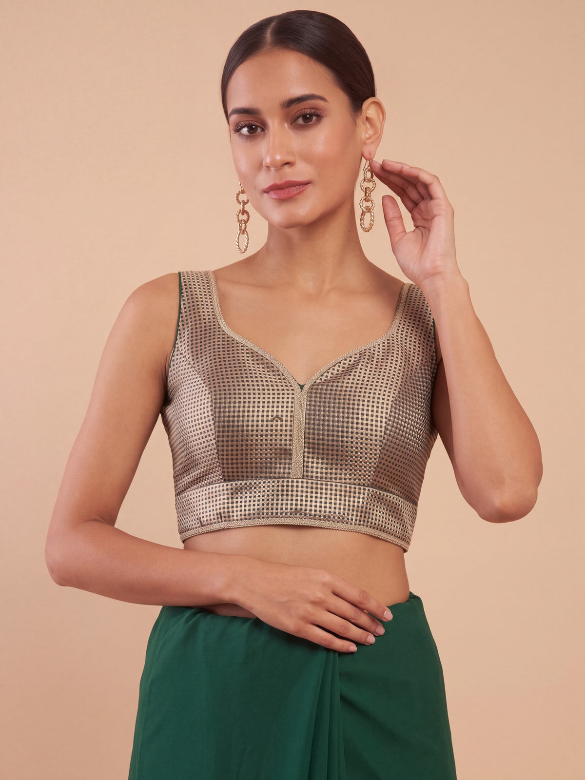 Dark Green woven metallic jacquard sleeveless readymade saree blouse with sweetheart neck view 4