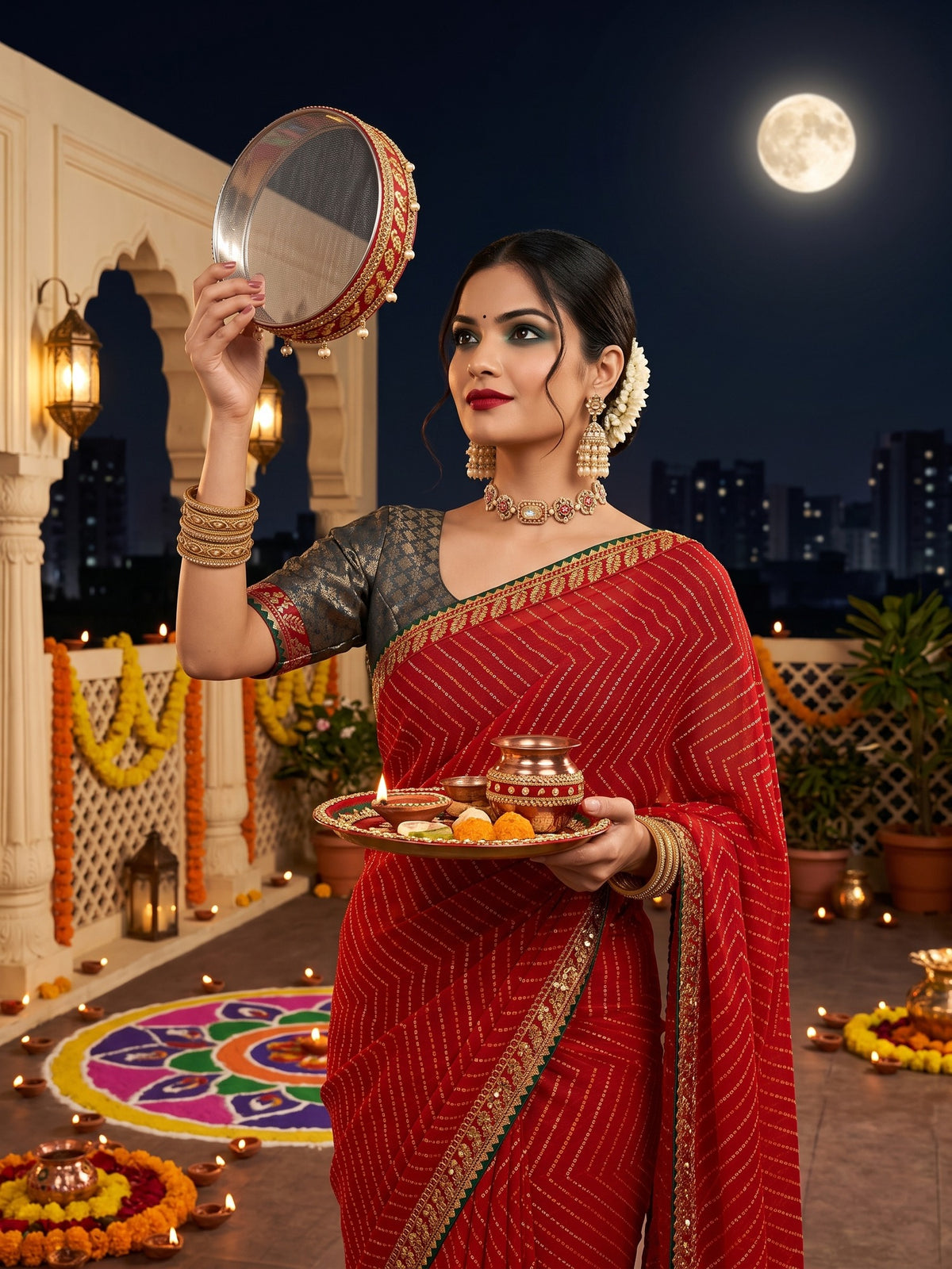 Red Georgette saree – detail view 4