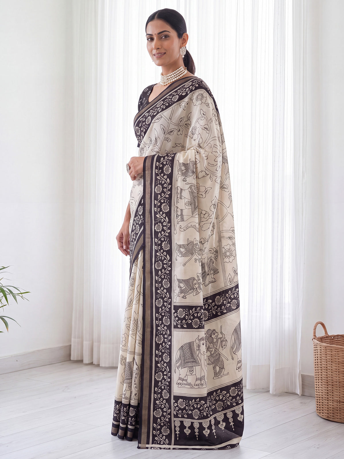 Beige Mulmul saree – detail view 2