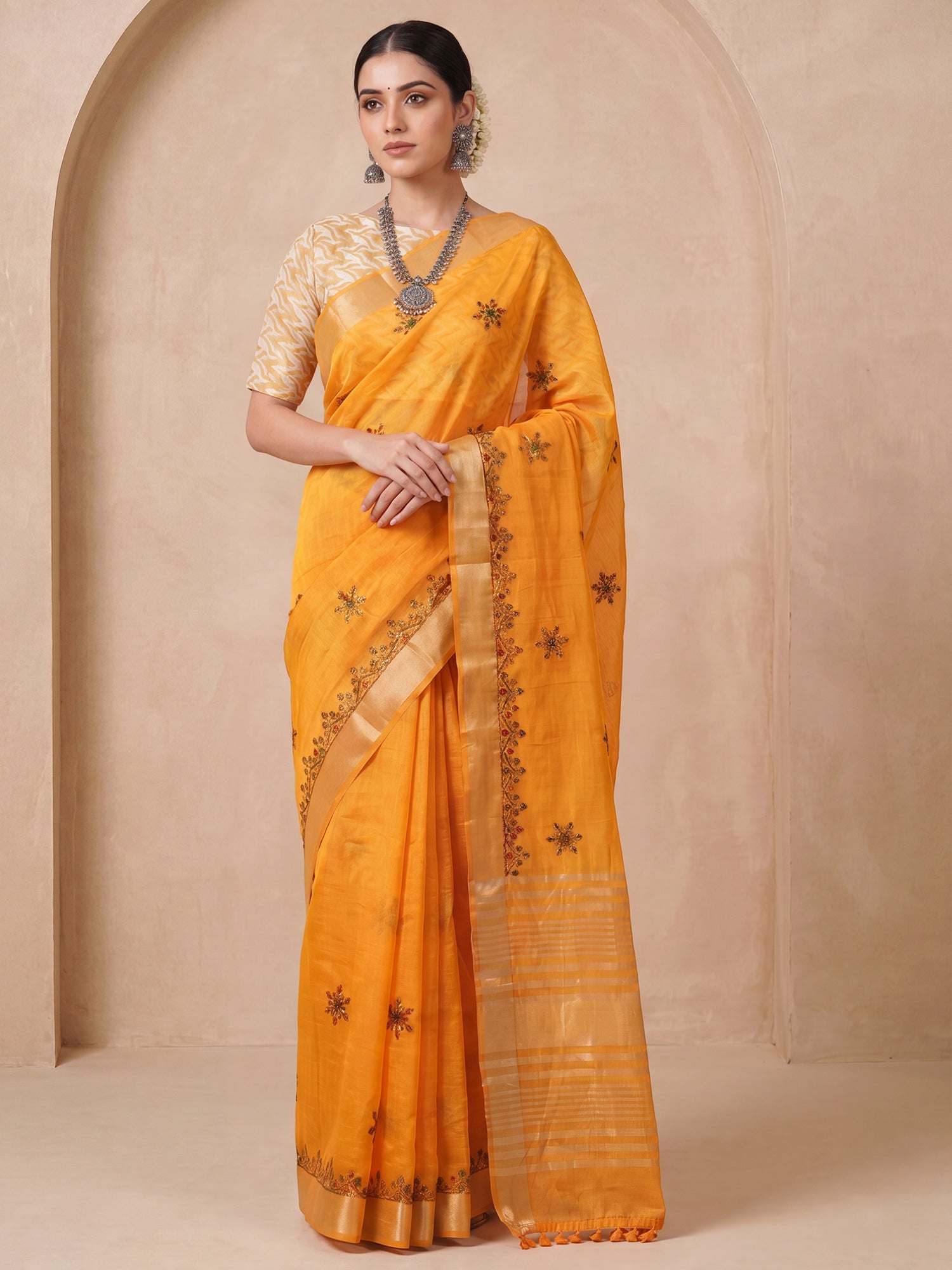 Mustard Cotton Linen saree – detail view 2