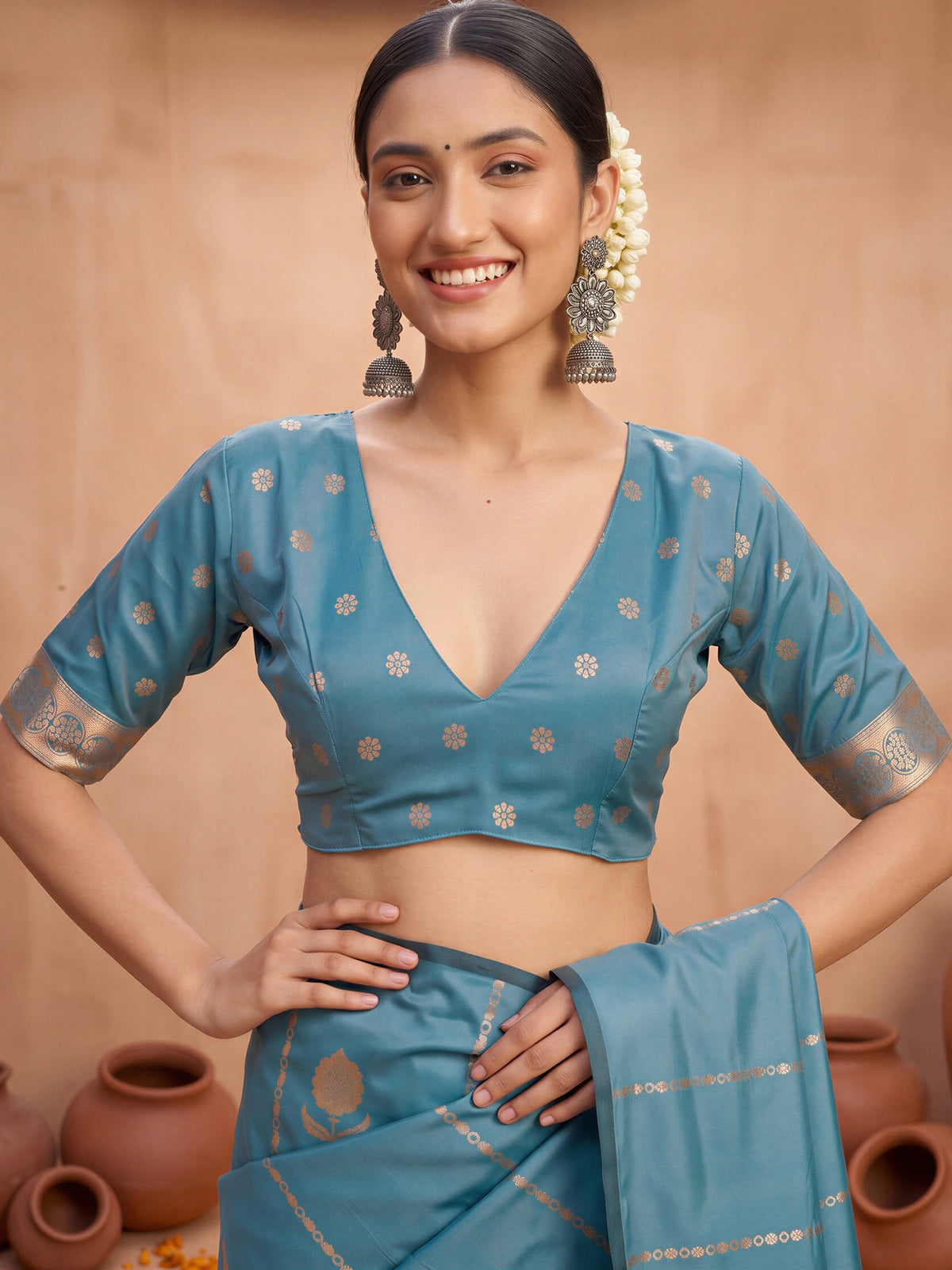 Unstitched teal blue satin silk blouse piece with paisley design