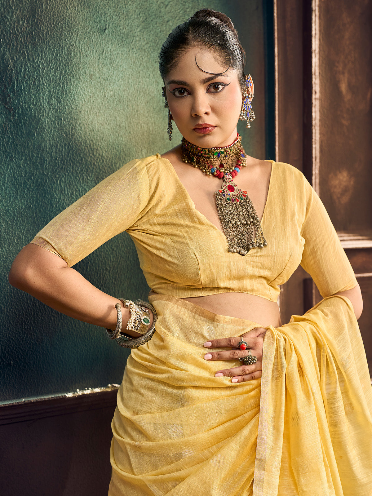 Unstitched yellow muga cotton blouse piece with solid design