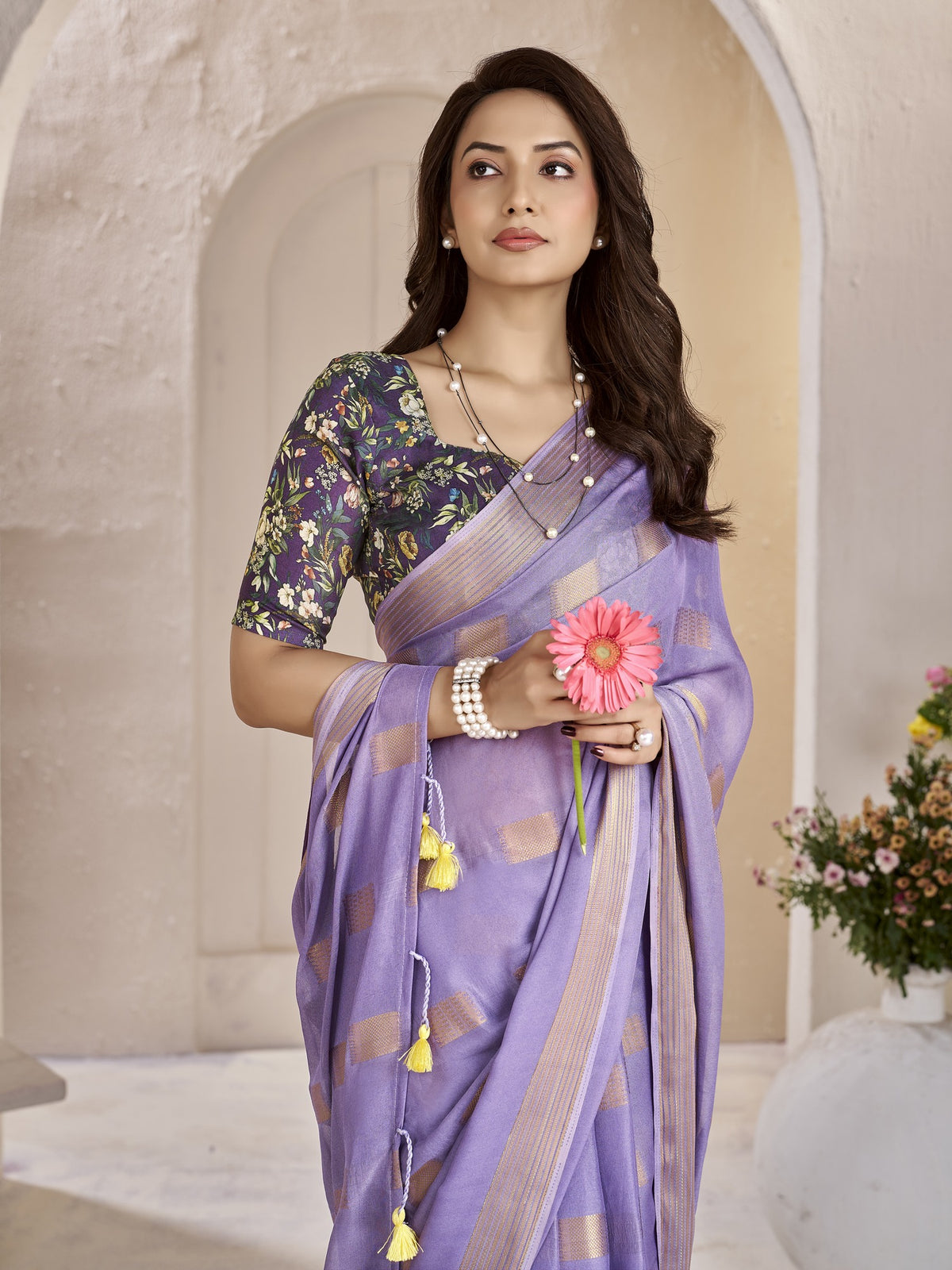 Lavender georgette saree view 4