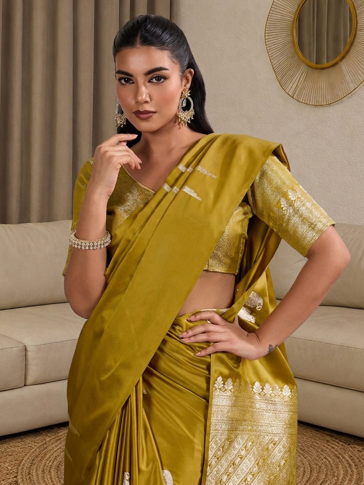 Olive Satin saree – detail view 3
