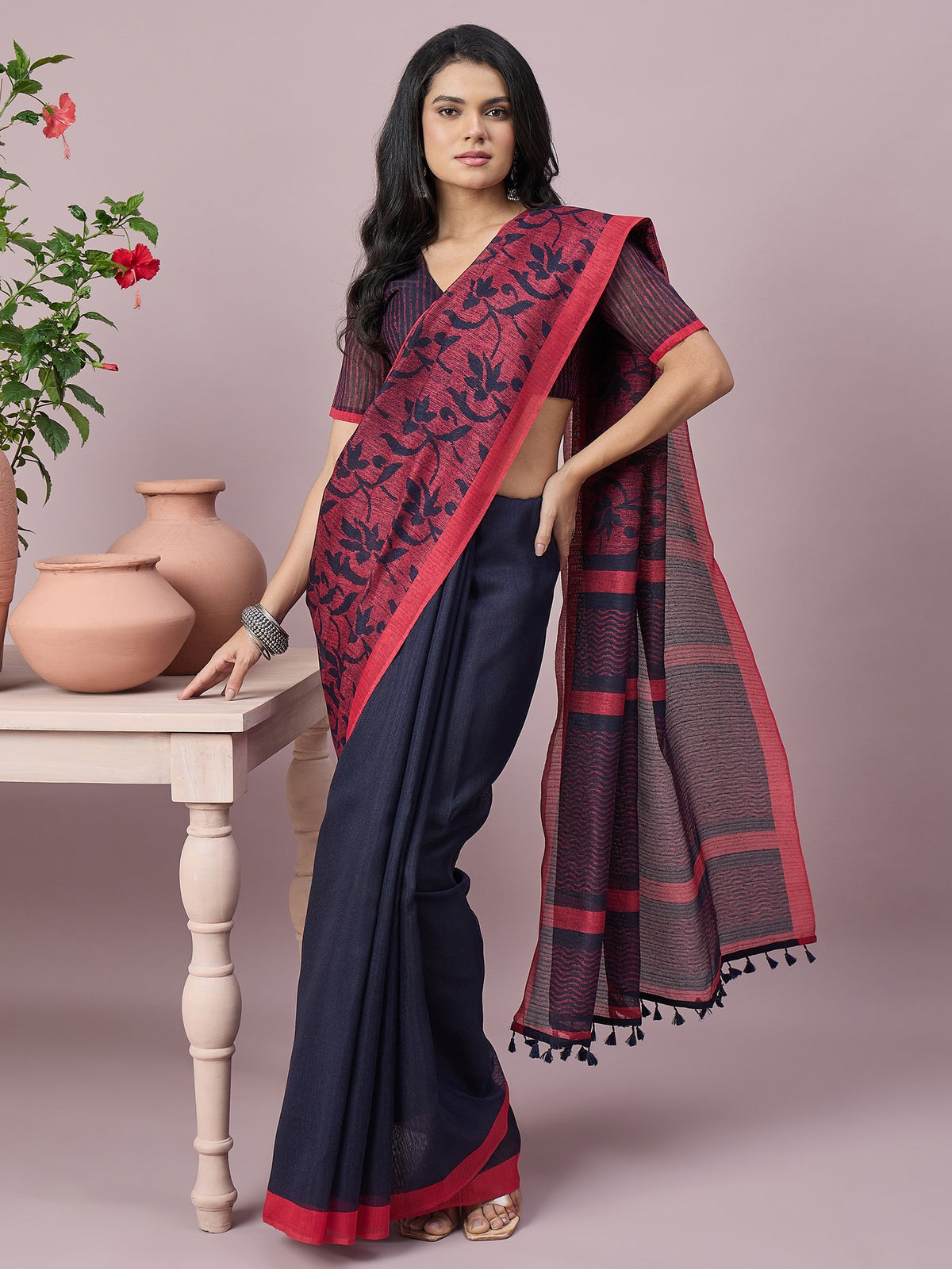 Navy Blue cotton slub saree view 2