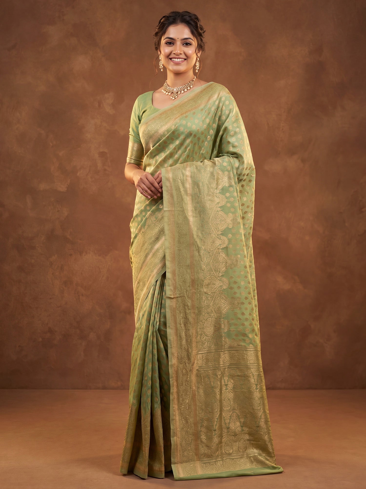 Woman wearing mint green silk blend saree with zari butta (metallic motif) work and mint green blouse