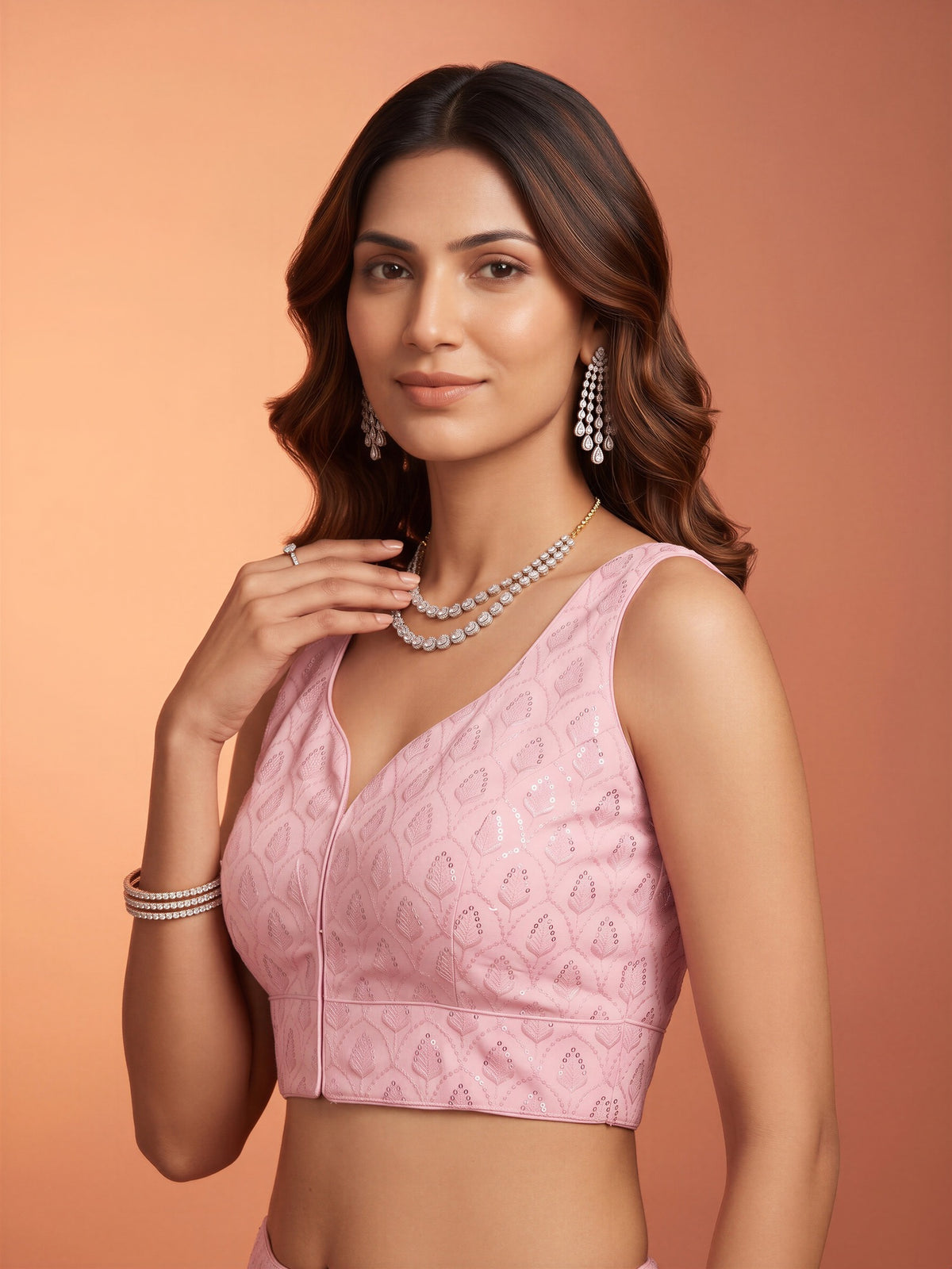 Pink sequin embroidered georgette sleeveless readymade saree blouse with sweetheart neck view 2
