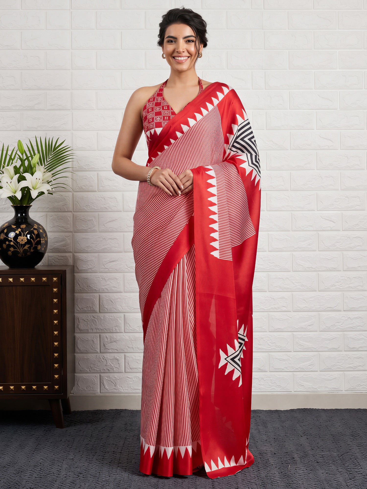 Red Satin Silk saree – detail view 3