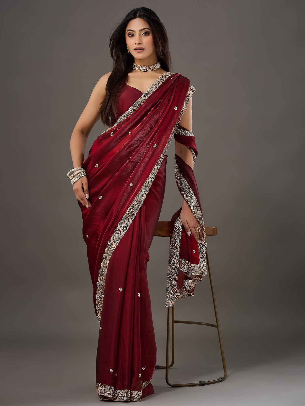 Maroon Satin saree – detail view 2