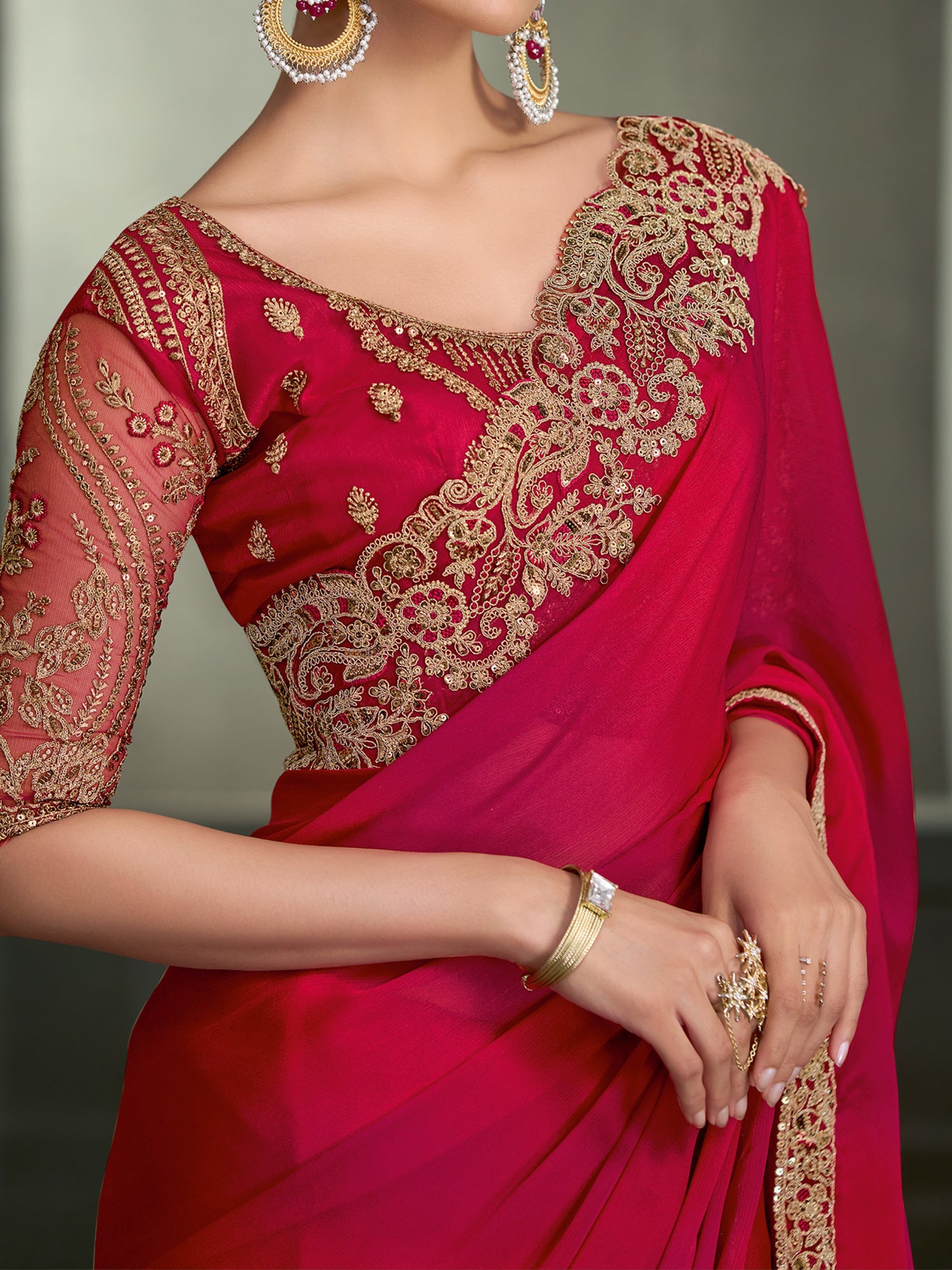 Red Chiffon saree – detail view 3