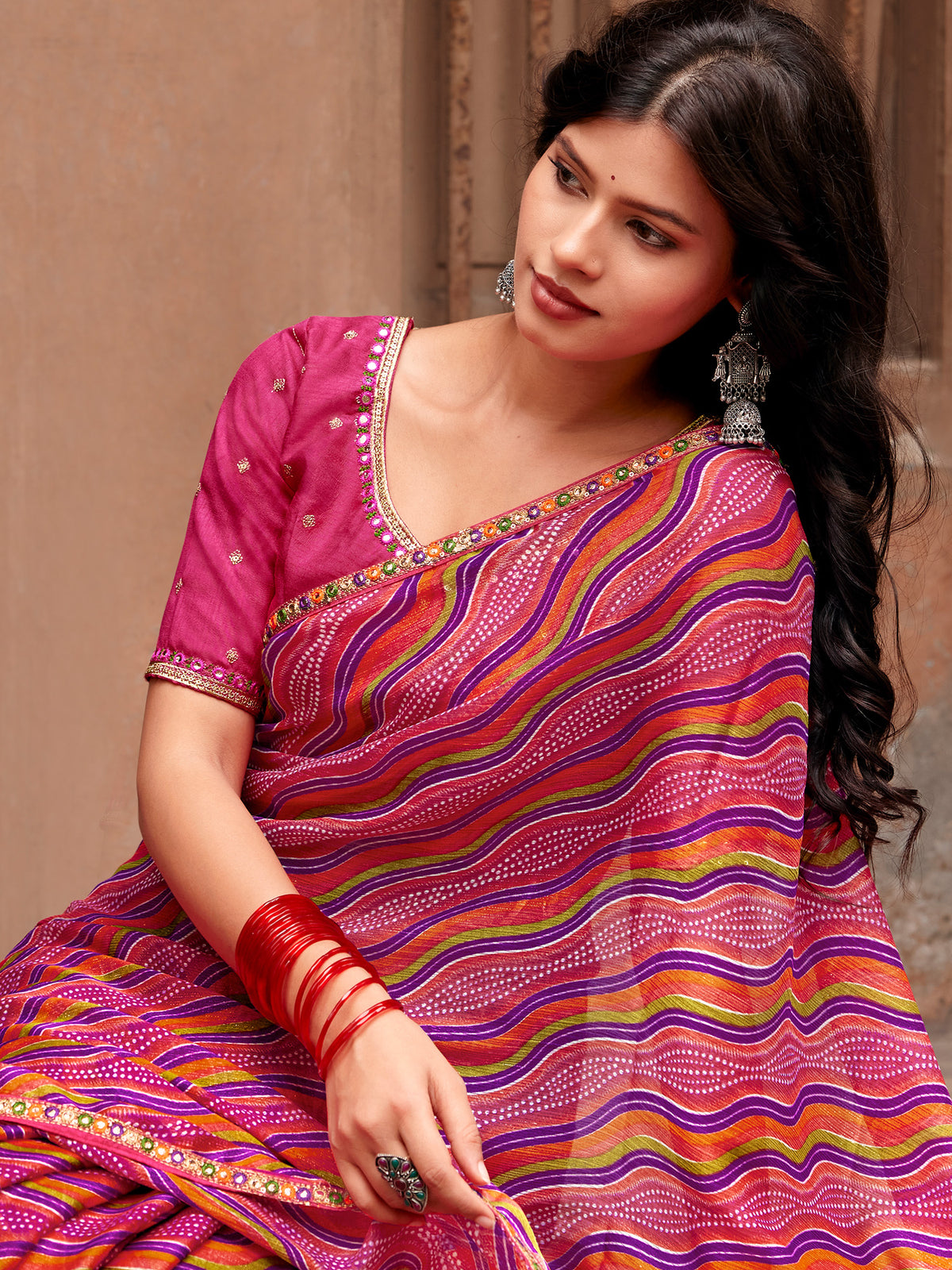 Pink georgette saree view 1
